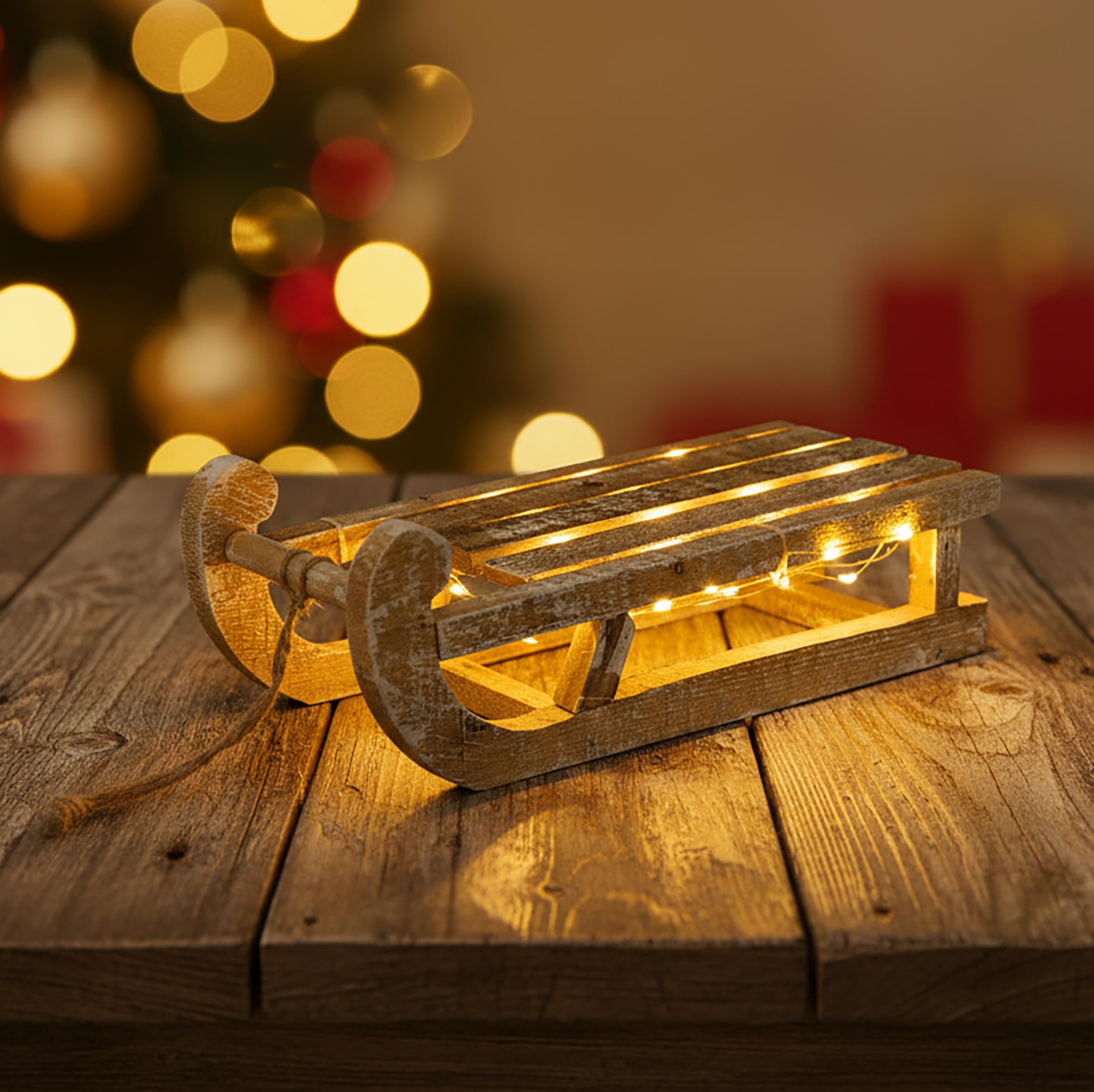 Spetebo LED Deko Holz Schlitten - 25 LED/ca. 30 cm - warmweiß beleuchteter Dekoschlitten mit Timer