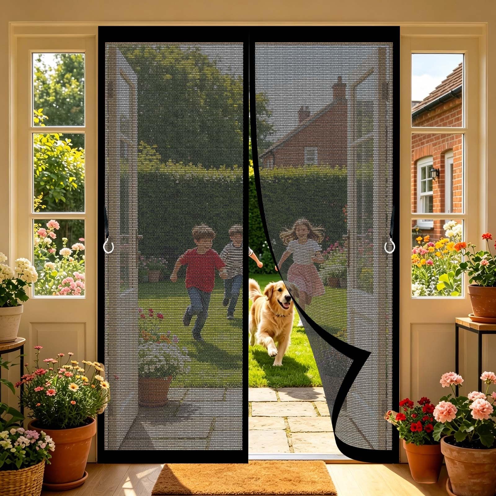 Guoyfen Black Fly Screen Door 92 X 193 Cm Full Frame Magic Tape, Magnet Silent Closure, No Punching Door Fly Screens Magnetic Patio Mosquito Screens For Patio Balcony,