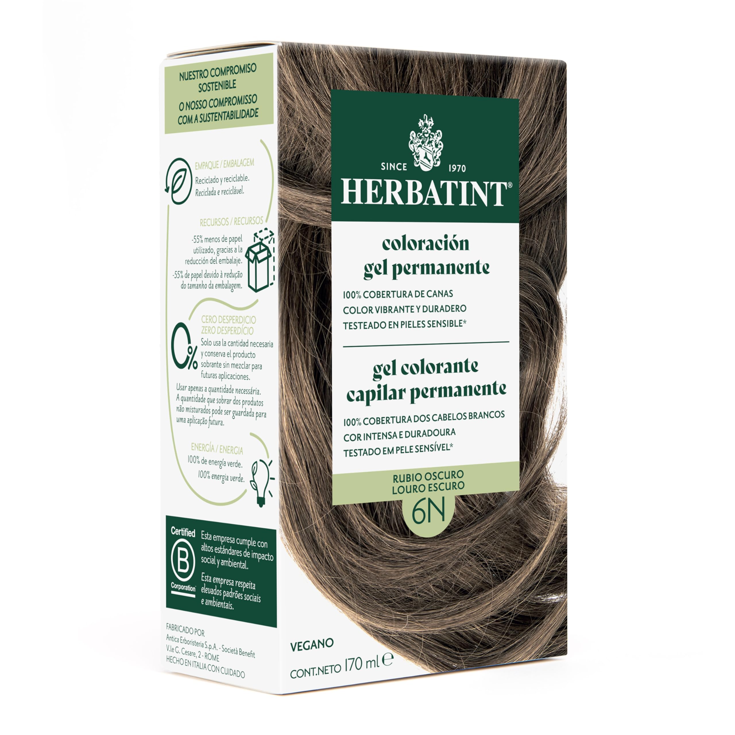 Herbatint Coloración Gel Permanente para Cabello 6N Rubio Oscuro - 170 ml | Sin Amoniaco, 100% Cobertura de Canas | para Pieles Sensibles, con 8 Extractos Naturales Bio