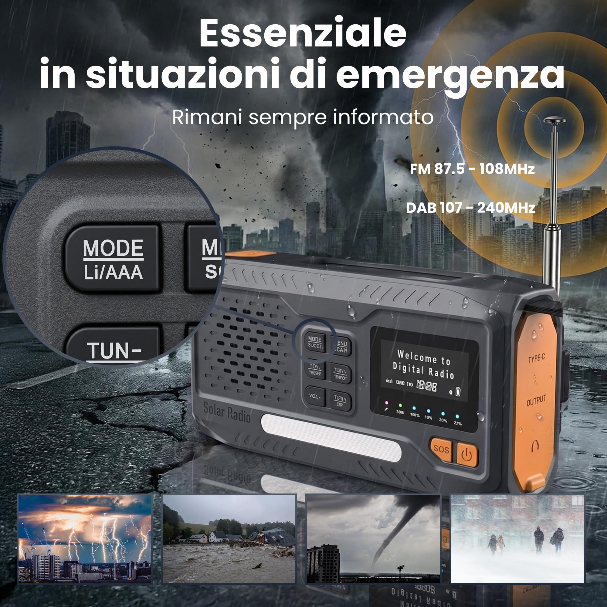 Extralink Radio a manovella di emergenza con pannello solare, Radio DAB & FM, Bluetooth, funzione di ricarica 4500 mAh, torcia LED e luce da lettura, SOS, LCD - per blackout, campeggio e trekking