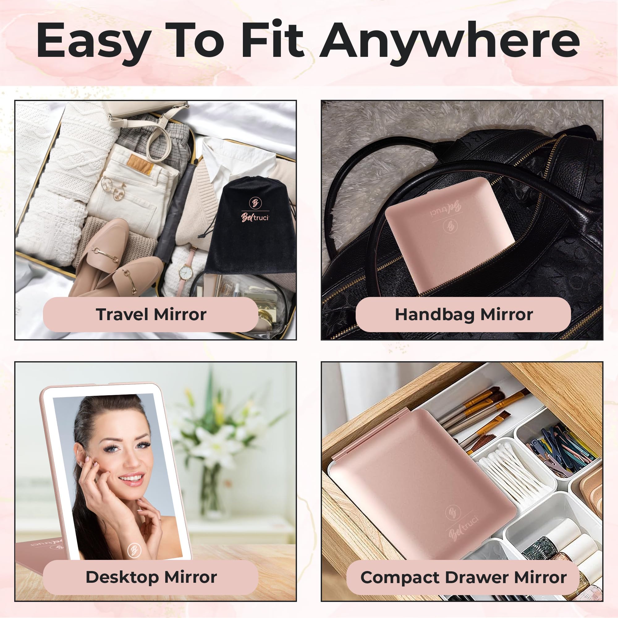 Reise-Make-up-Spiegel mit Lichtern – Rotgold, wiederaufladbarer LED-Leucht-Spiegel für Make-up mit 1X/3X/5X Vergrößerung – dimmbar, 3 Farben Beleuchtung, Touchscreen, tragbarer Spiegel mit