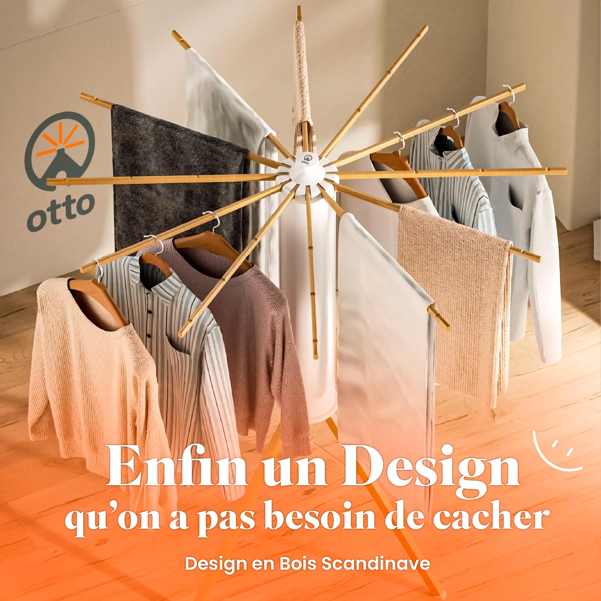 OTTO Séchoir à Linge Pliable Intérieur Extérieur Étendoir Parapluie Design Bois 16 Bras, Trépied Renforcé, Compact & Robuste Ultra Stable, Séchage Grande Capacité, Gain de Place
