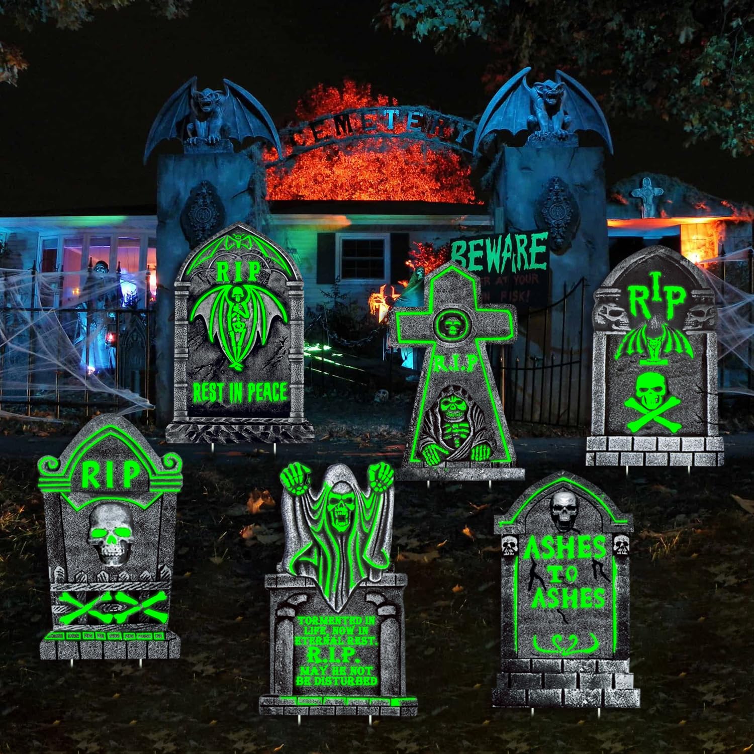 Pierres tombales Halloween phosphorescentes grand format lot de 6 pièces