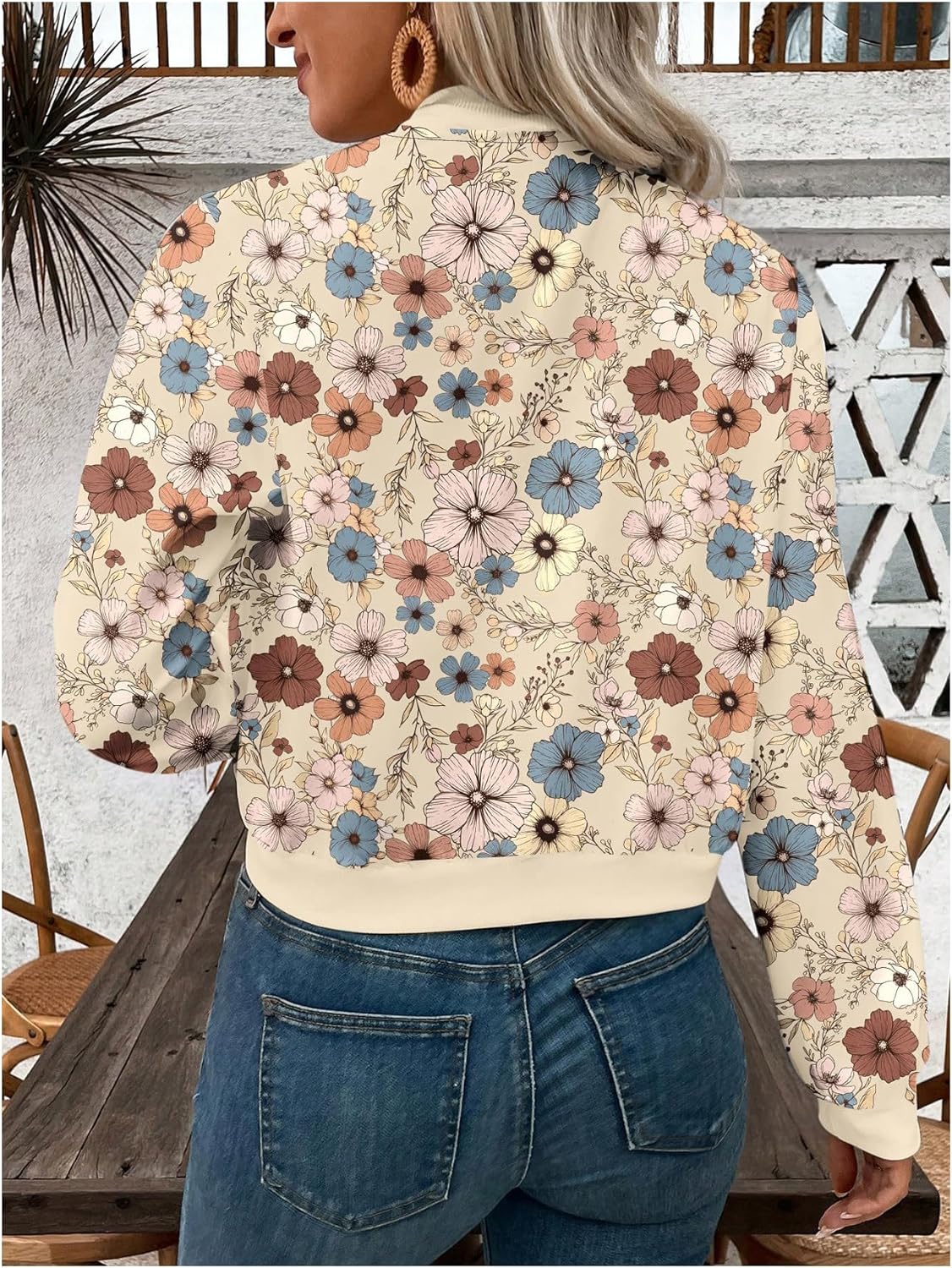OYOANGLE Women's Floral Print Crop Bomber Jacket Long Sleeve Zip Up Coat Casual Lightweight Outerwear - Image 3
