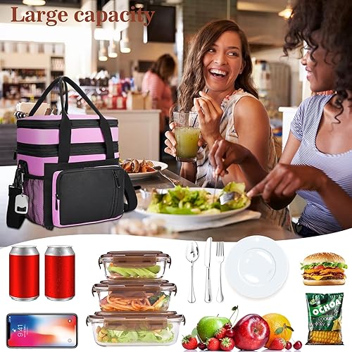 Miniatura 4 de LOKASS Lonchera aislada para mujer, lonchera grande para adultos, bolsas de almuerzo reutilizables de doble capa, bolsa enfriadora a prueba de fugas