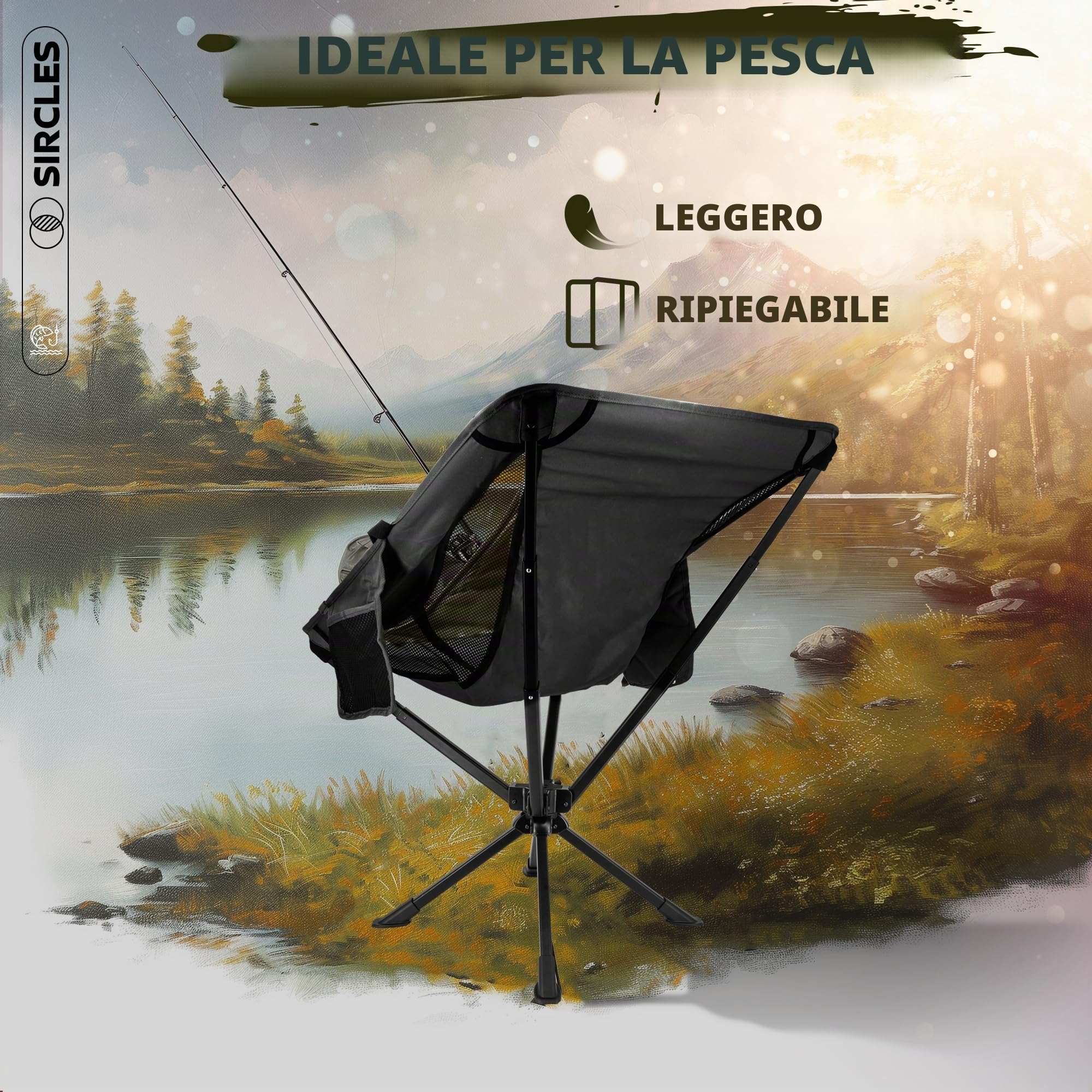 SIRCLES Sedia da campeggio portatile e girevole, installazione in 8 secondi, pieghevole in 5 secondi, ultraleggera e resistente, in lega di aeromobile, spaziosa, con 2 borse laterali, tessuto Oxford,