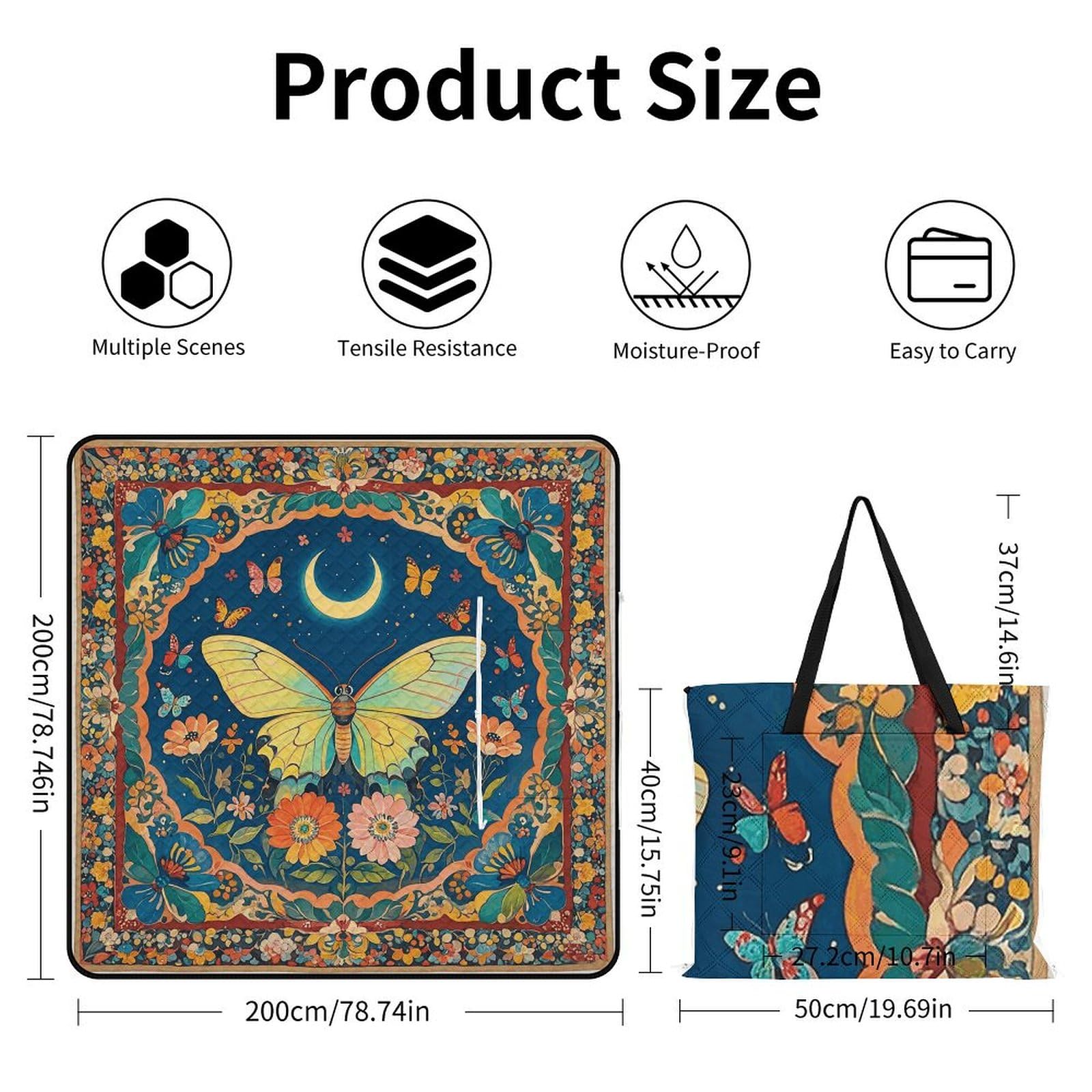 Tapisserie de pique-nique avec motif papillon et fleur, couverture imperméable avec sac fourre-tout, tapis de pique-nique pliable pour camping, plage, parc, 200 x 200 cm