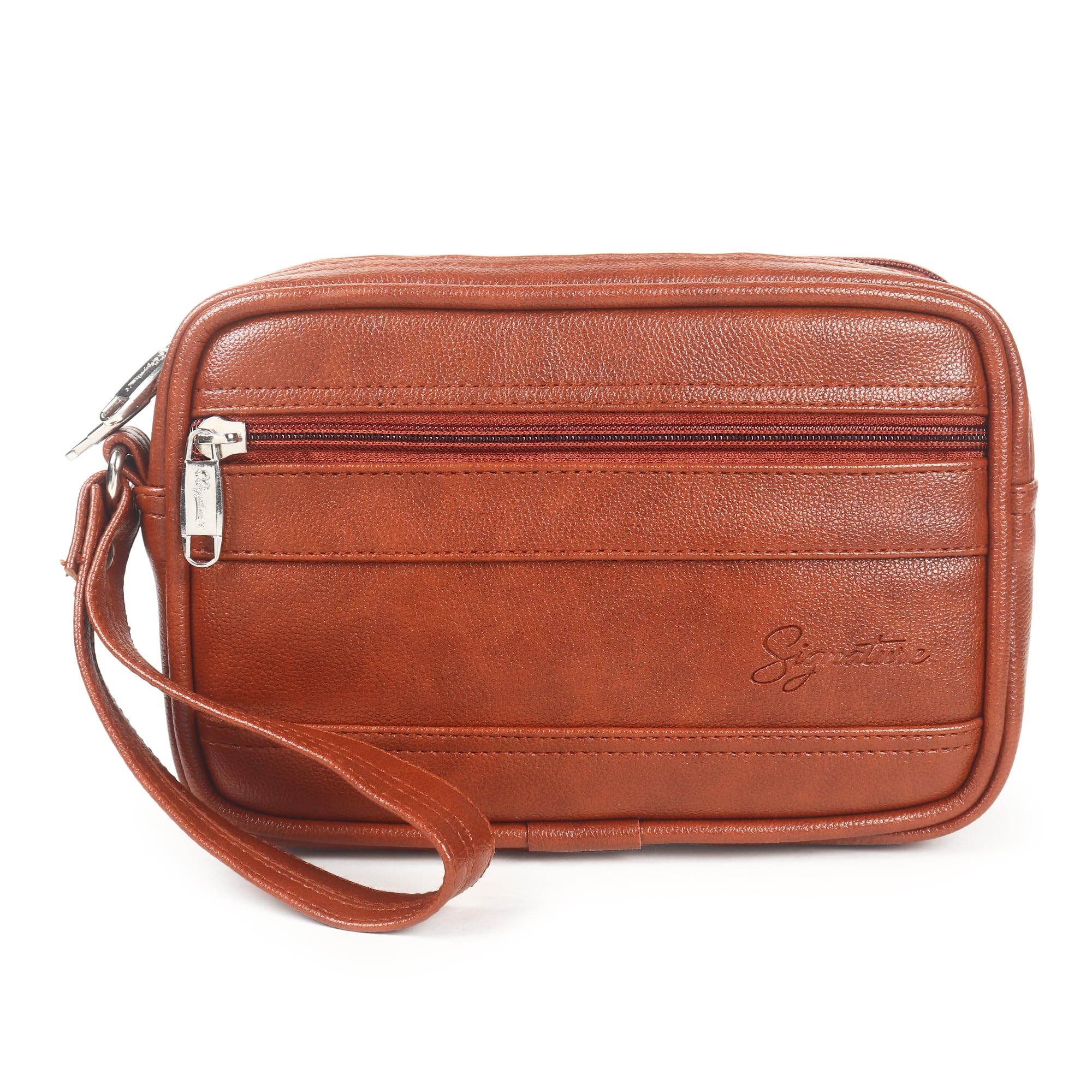 SSIGNATURE Signature Faux Leather Travel Pouch for Men | Multi-Compartment Toiletry & Cosmetic Organizer with Wristlet Handle | Smooth Metal Zipper | Shaving, Grooming & Accessories Bag (TAN)-picture-16