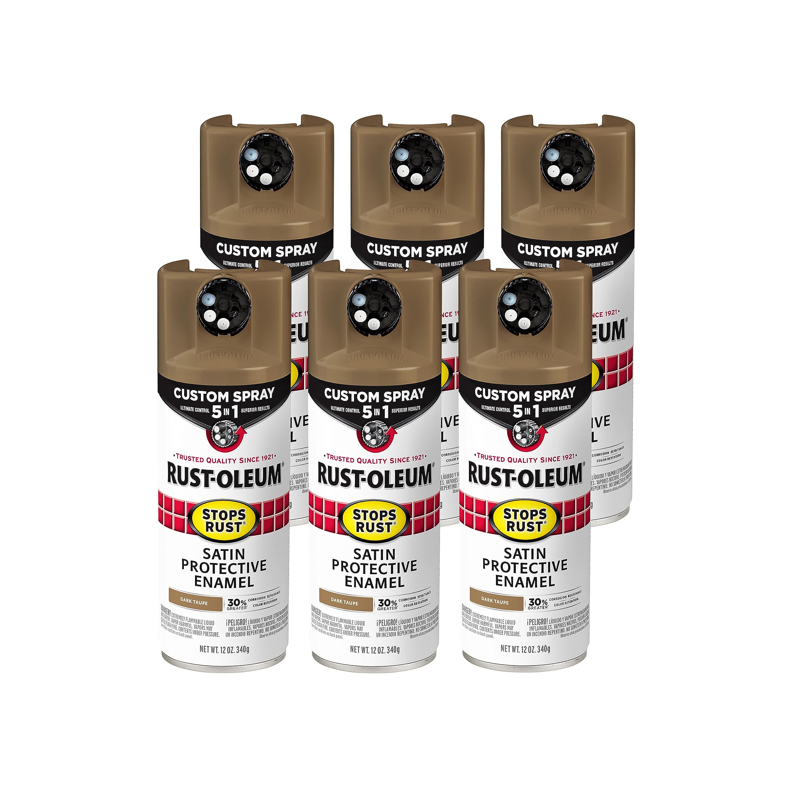 Rust-Oleum 376878-6PK Stops Rust Custom Spray 5-in-1 Spray Paint, 12 oz, Satin Dark Taupe, (Pack of 6)