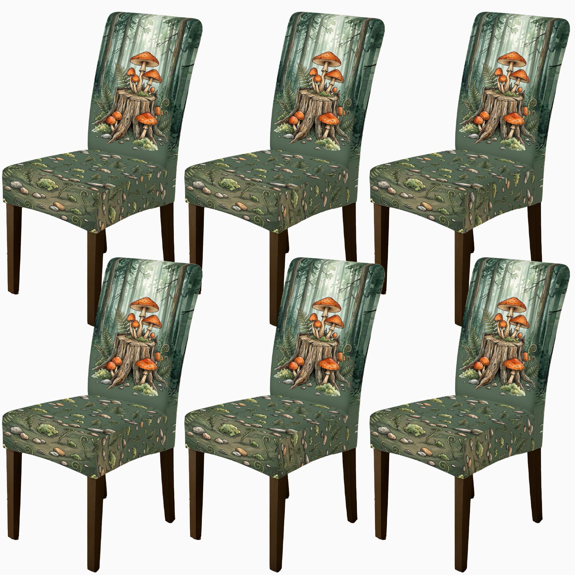 Lot de 6 housses de chaise élasthanne vertes motif souche rustique pour salle à manger
