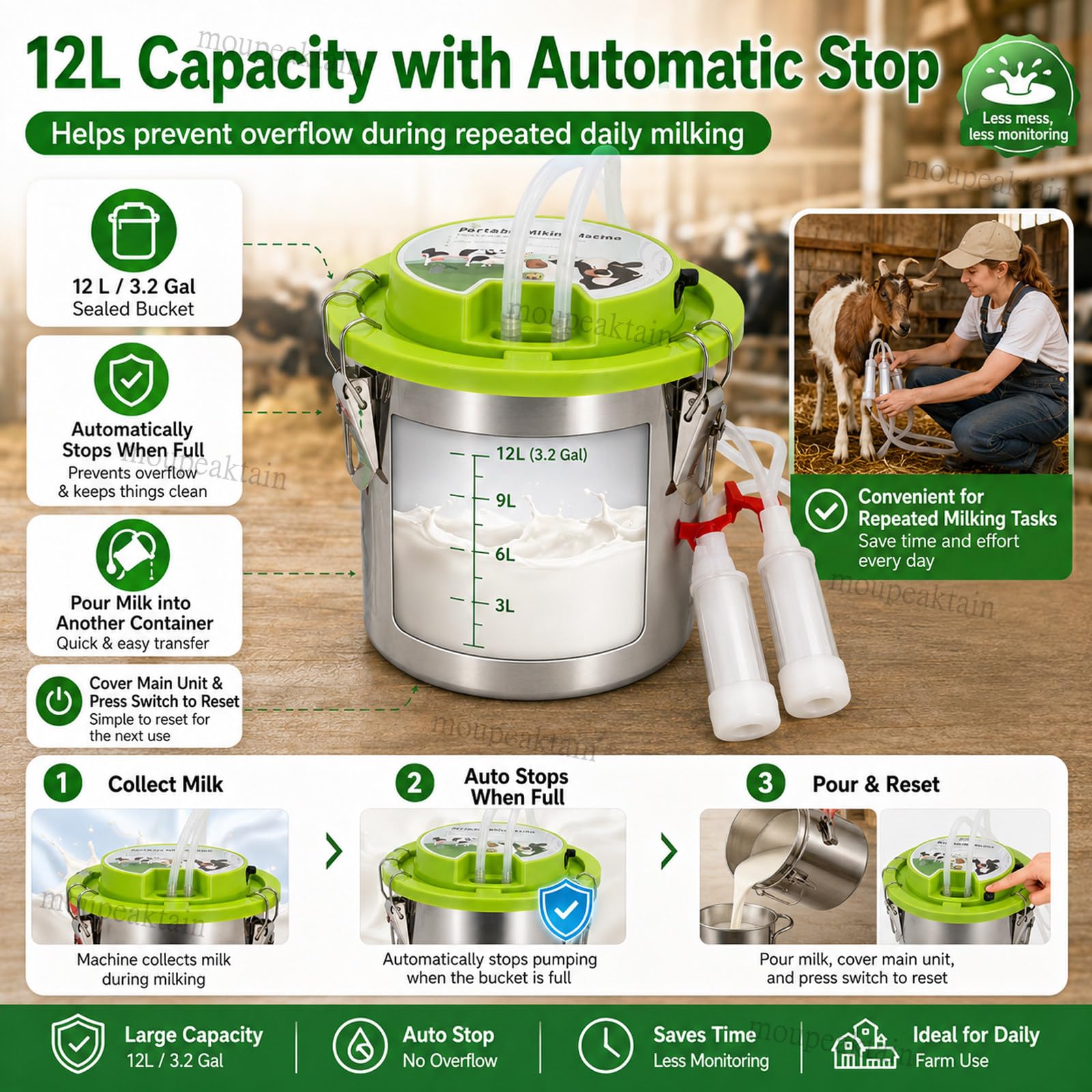 Ordeñadora Eléctrica para Vacas y Cabras 12L, Máquina de Ordeño Portátil Recargable con Batería 5200 mAh, Pulsación Suave, Parada Automática, Cubo INOX y Tubo de Silicona Sheep