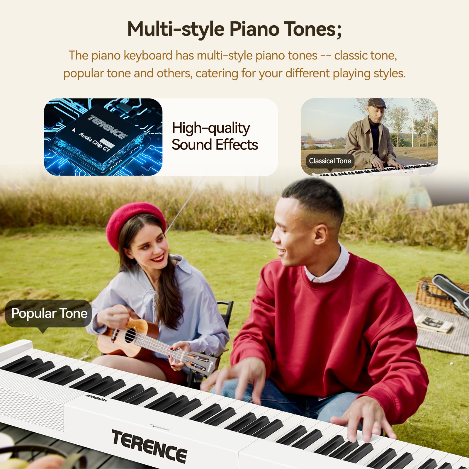 TERENCE Pieghevole Pianoforte Digitale 88 Tasti semi-pesati con batteria da 1800 mAh Altoparlanti 2x5W Bluetooth interfaccia MIDI supporto per spartiti Borsa Cavo audio con Pedale di sostegno Bianco