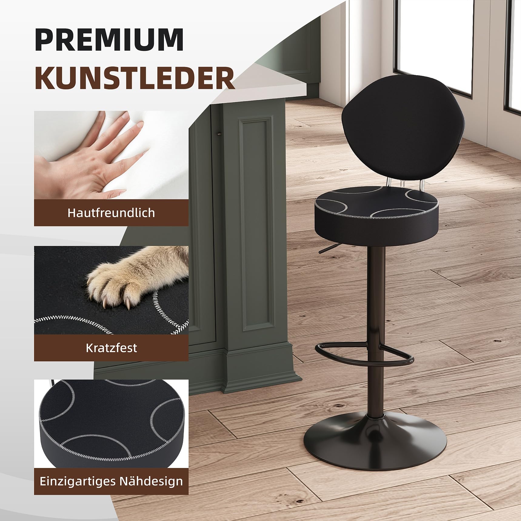 Youhauchair Barhocker 2er Set, 360 drehbare Barhocker mit Rückenlehne, Höhenverstellbarer Küchenhocker aus Kunstleder, Mid-Century-Vintage Bar Stools, Schwarz