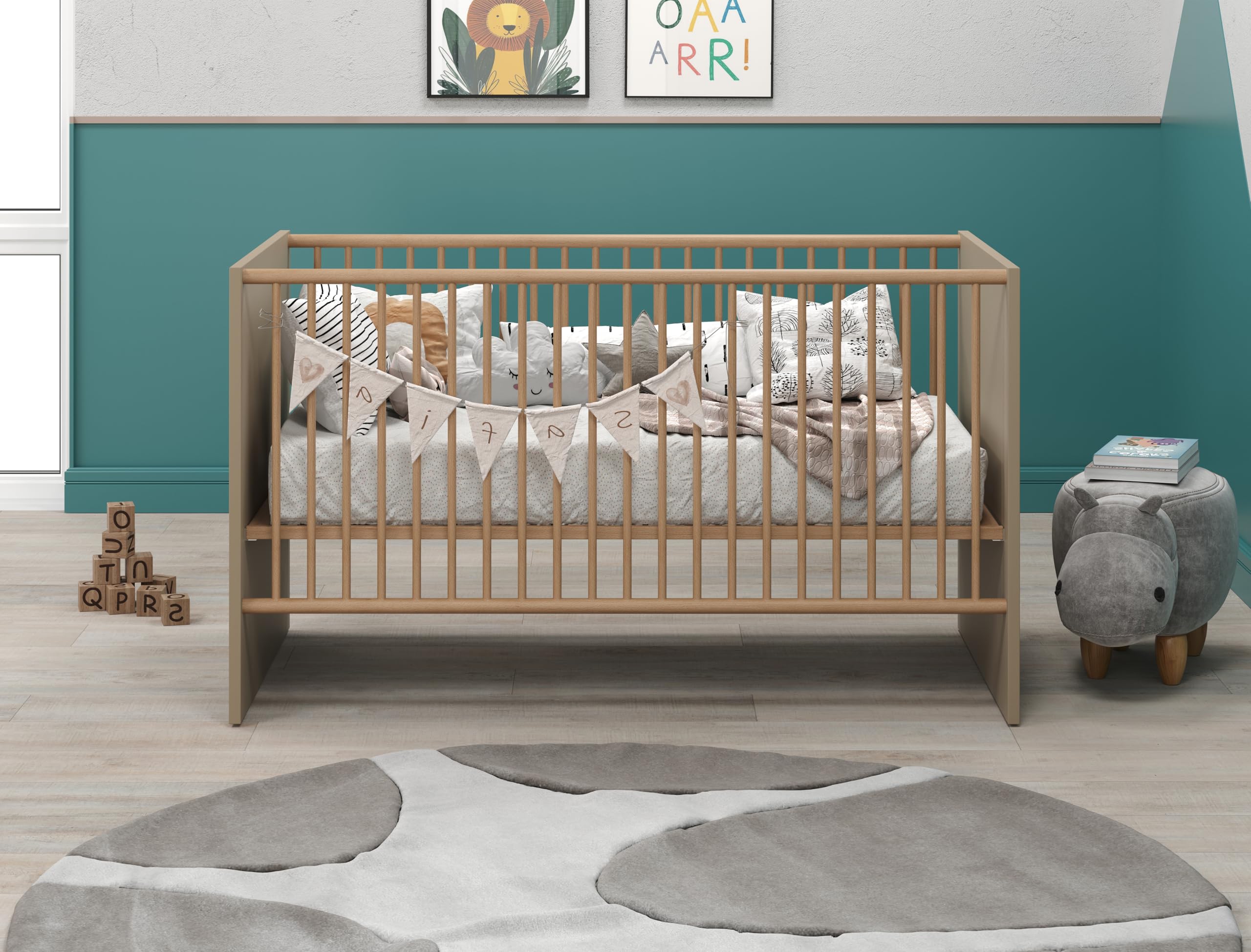 trendteam smart living Berry Babyzimmer Komplett-Set Beige/Eiche modernes Babyzimmer-Set bestehend aus Kleiderschrank, Babybett und Wickelkommode Bett höhenverstellbar von 19 auf 51,8 cm