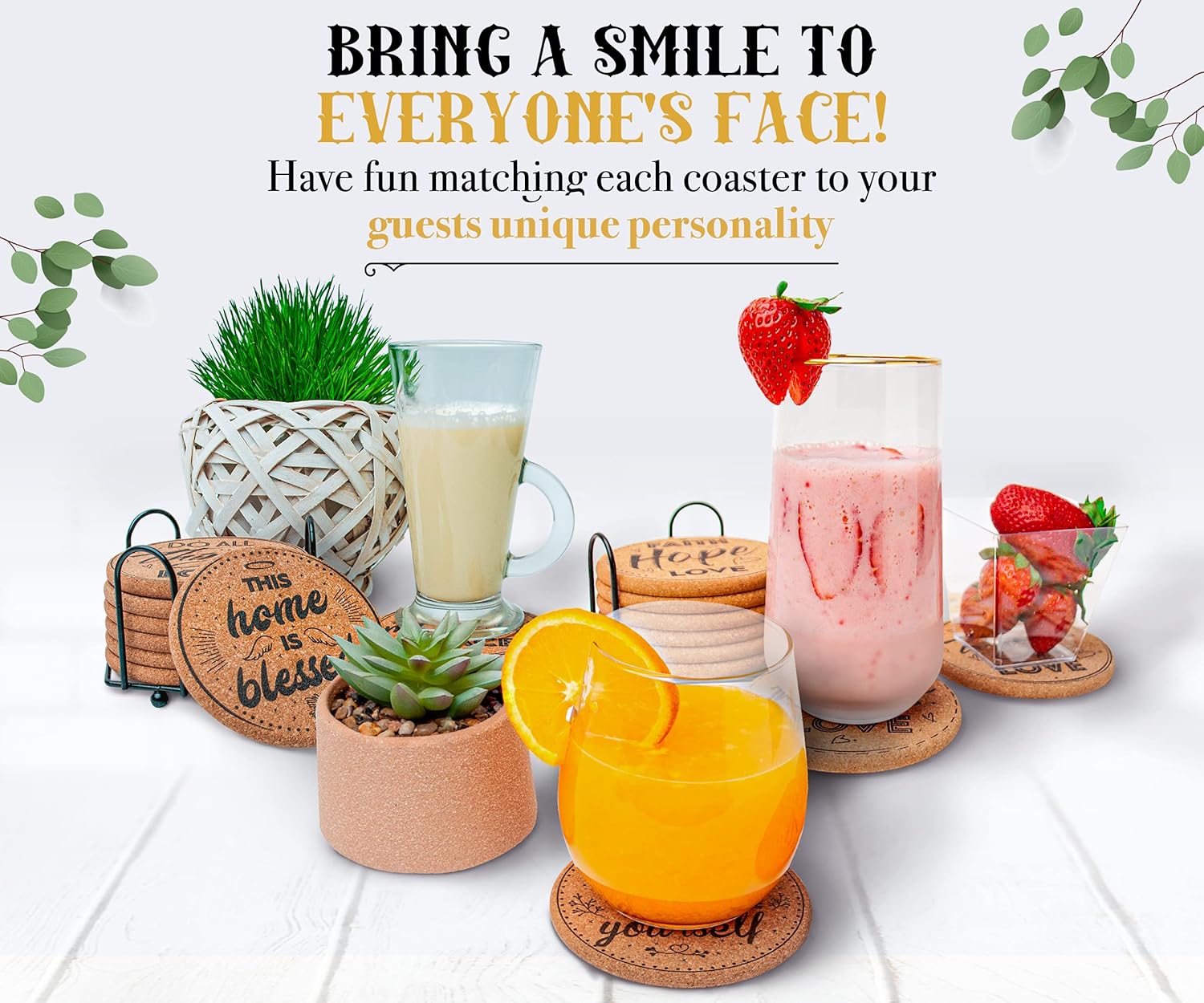 Cork Coasters for Drinks Absorbent with Holder - Cute & Funny Set of 8 Large Round Outdoor Cup Wooden Table Protection, Coffee Trivet, Cups and Mugs Cool Drink Coaster Gift