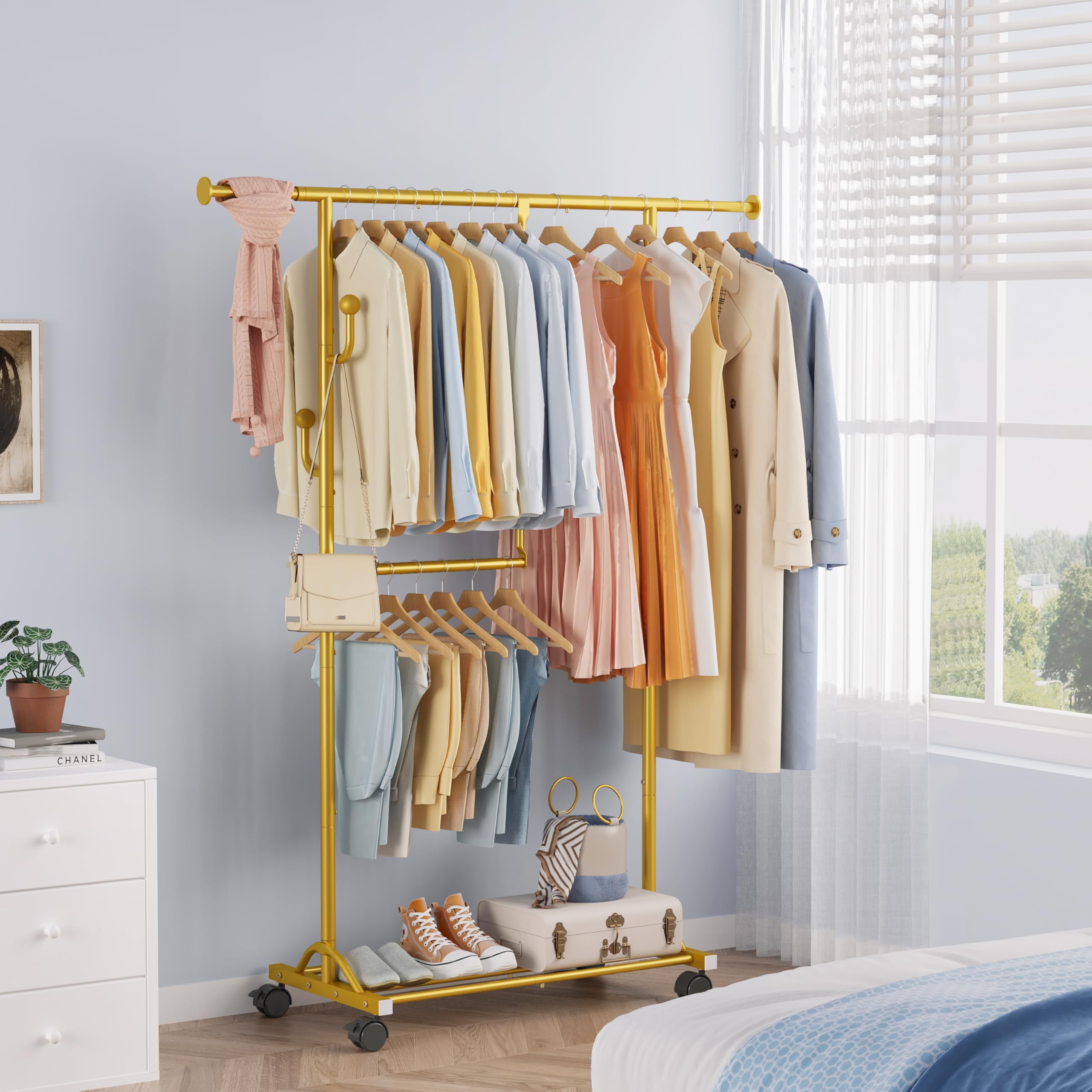 FAVOOSTY Stand Appendiabiti con Ruote, Attaccapanni Estensibile,Barra centrale regolabile, Doppia barra, (90-120) x 39,5 x160 cm, Facile montaggio,Oro