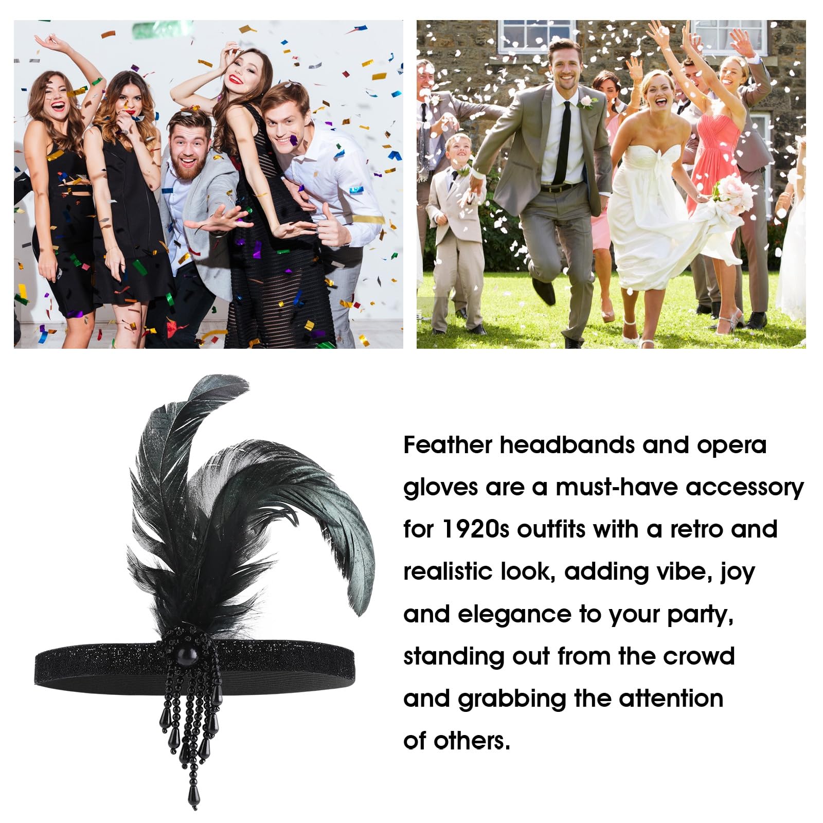 Gjinxi Kobiety lata 20. Flapper Feather opaska na głowę zestaw rękawiczek maskarada motyw Gatsby nakrycie głowy długie rękawiczki na Halloween, przyjęcie herbaciane, karnawał, kostium do włosów