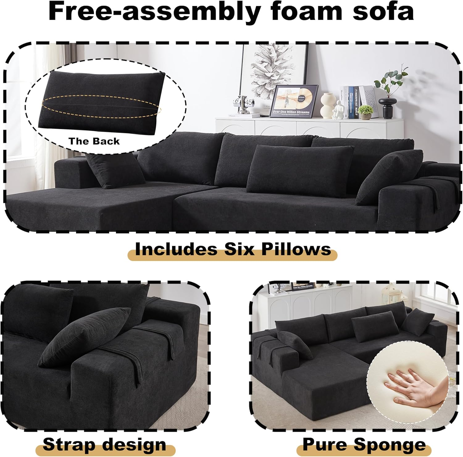 KEIKI 108" L Shaped Chenille Modular Sectional Couches Sofa with 6 Pillows, 4 Seater Oversized Upholstered Cloud Couch for Living Room Apartment, Full Sponge Compression, Black, Left Chaise