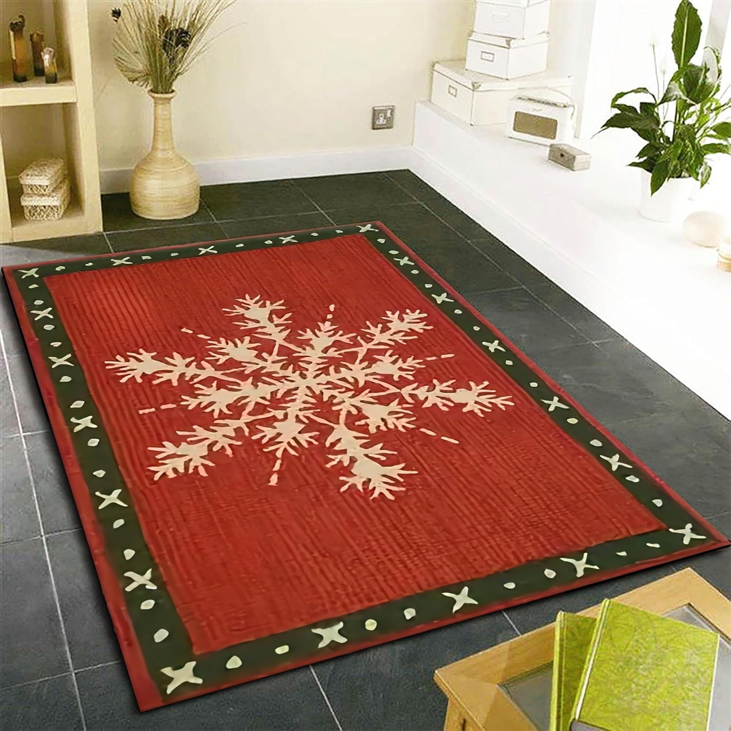 Christmas Area Rug, Vintage Snowflake Print Red Carpet, Merry Christmas Indoor Rug, Xmas Holiday Decoration Rugs, Non-Slip Washable Carpet for Fireplace Kitchen Living Room Bedroom