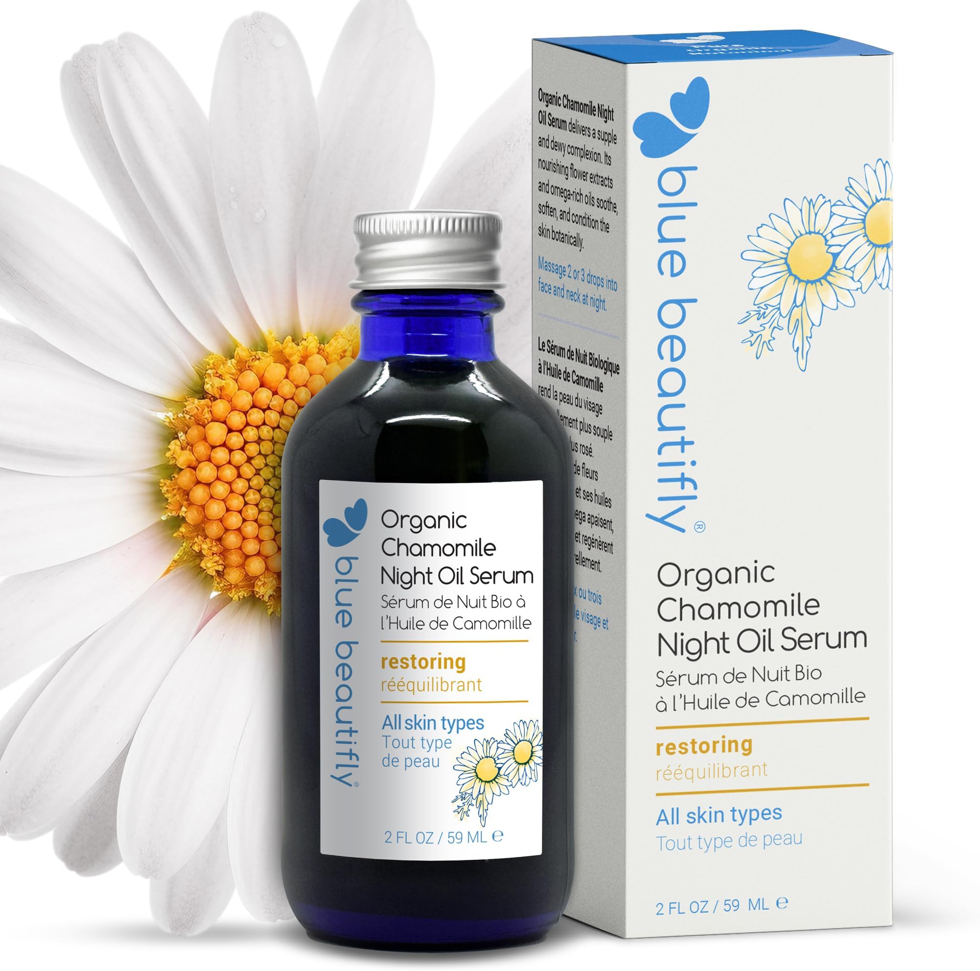Blue Beautifly USDA Certified Organic Chamomile Night Face Oil Serum - Restores Healthy Skin Regeneration - Non-comedogenic, 100% Plant-based - Omega Rich Oils Boost Collagen Production - 2 fl oz