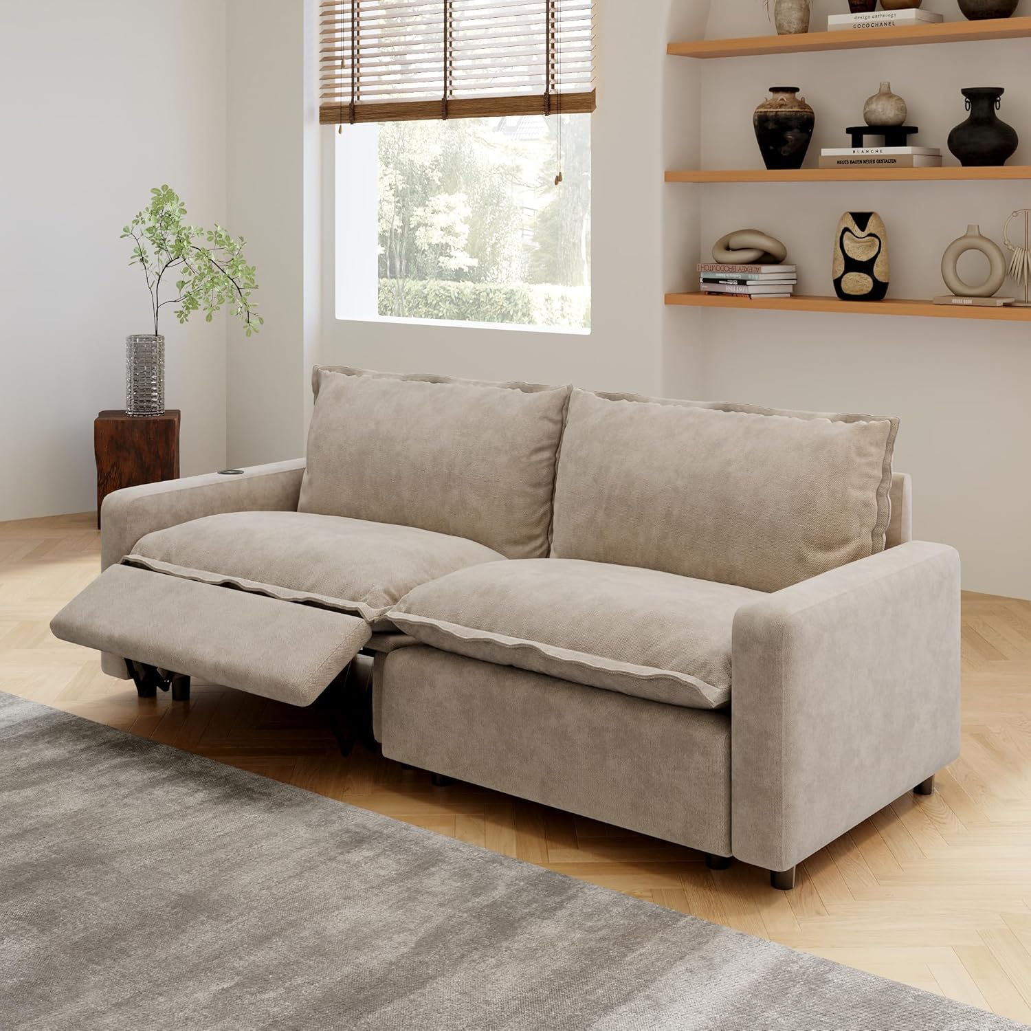 83 Inch Modular Sectional Couches with Power Recliner, Loveseat Soft Sofa for Living Room, Cloud Couch Sectional with Deep Seat, Heated Seat Cushion, Covers Removeable, Linen Fabric, Khaki
