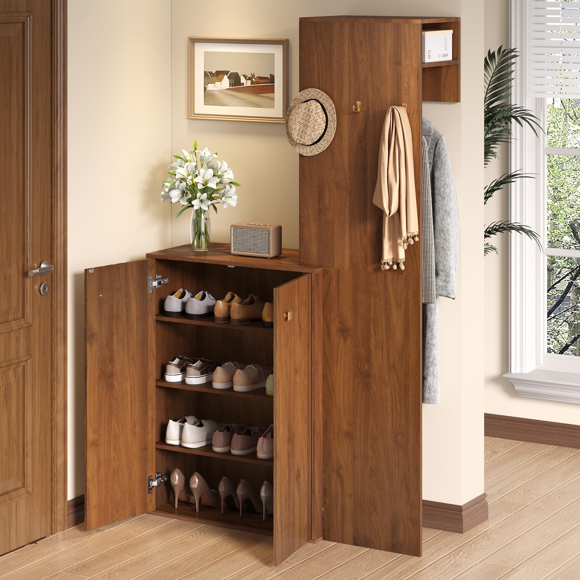 Vestiaire d’Entrée avec Penderie et Rangement Chaussures – Garde-Robe Compacte 115 cm – Meuble Entrée avec Porte-Manteau, Étagères Réglables, Crochets – Noyer