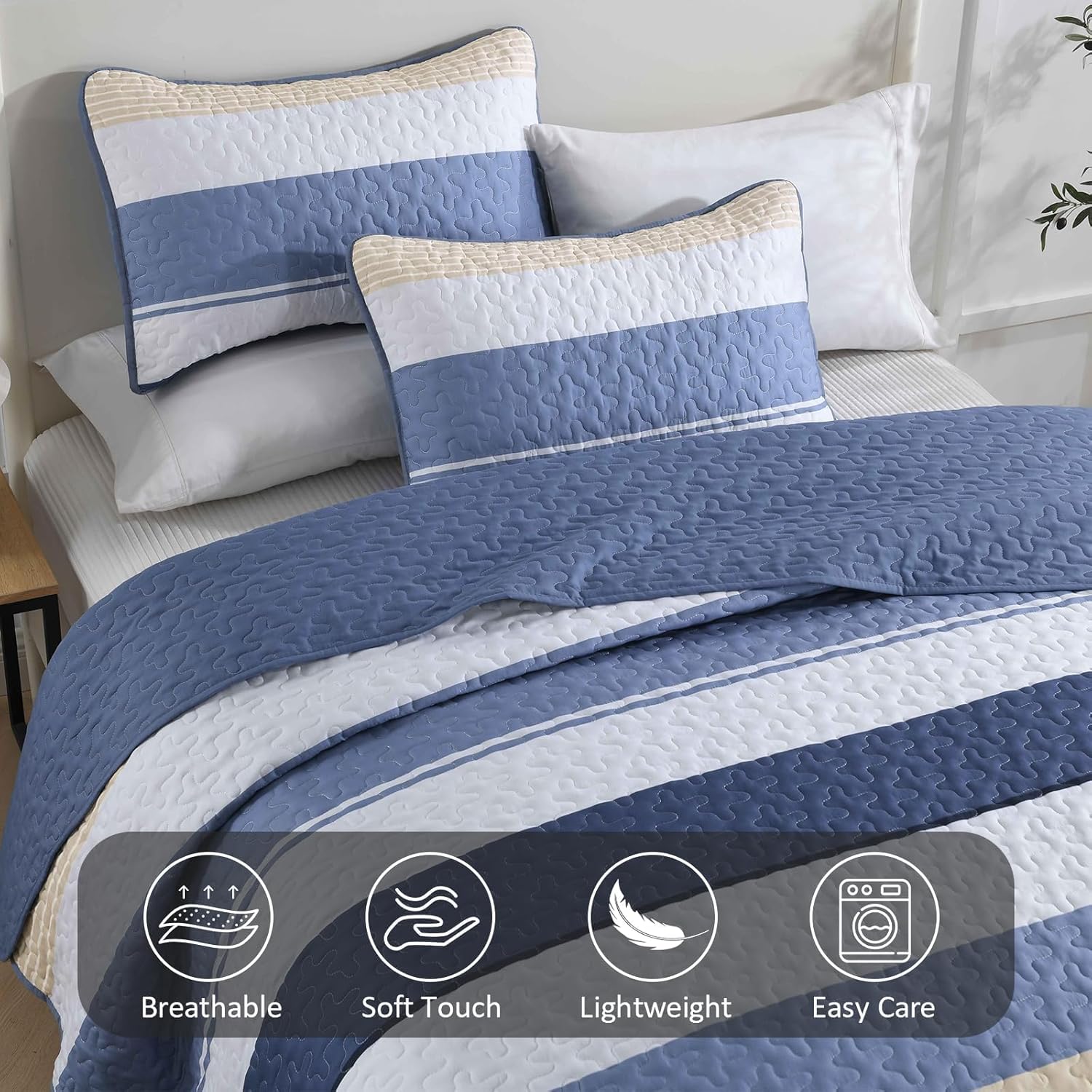 Dinjoy Blue Boho Quilt Set Queen Size, Fall Striped Bedspread Lightweight Farmhouse Bedding Sets 3 Pieces Micofiber Patchwork Coverlet with 2 Pillowcases for Men Bed - Image 4