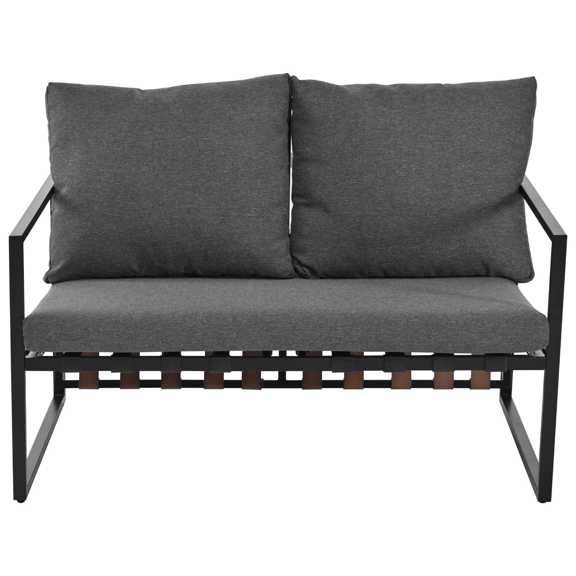 Moimhear Juego de sofá de 4 piezas para exteriores, mesa de café con capa de almacenamiento, tubo de acero galvanizado, diseño de correa de PVC, mesa de cristal templado, cojines extraíbles y lavables