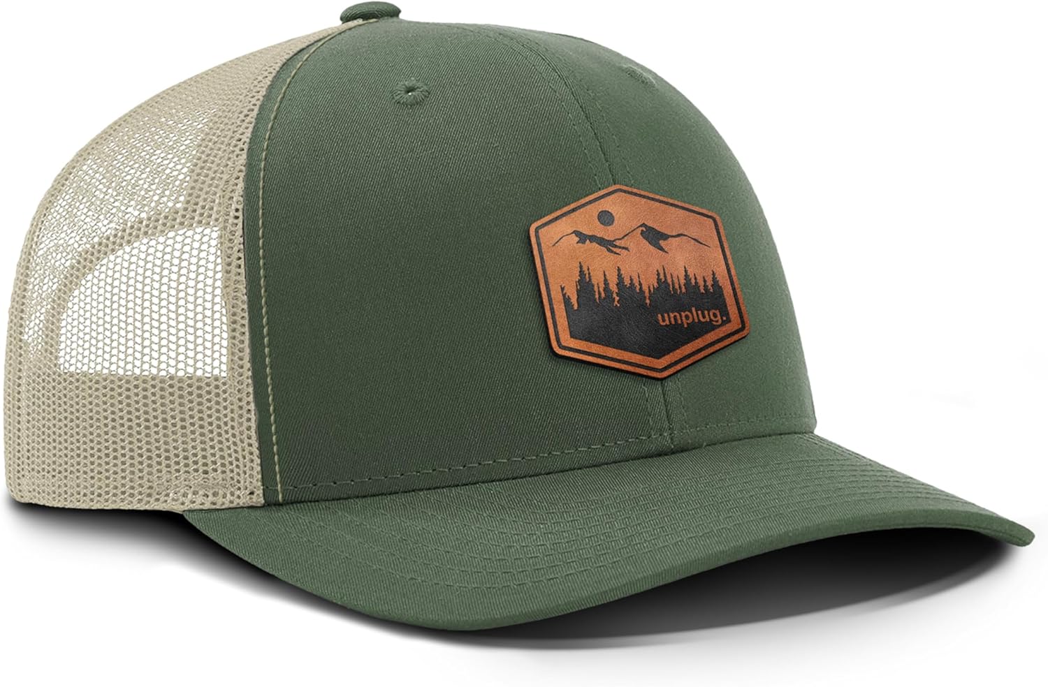 Unplug Mountain Leather Patch Trucker Hat - Adjustable Fit Cotton Snapback Hat - Breathable Mesh Side for Casual Wear