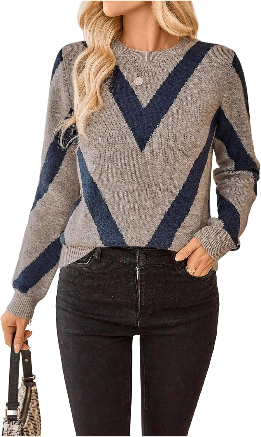 SweatyRocks Women's Chevron Print Long Sleeve Knitted Crewneck Sweater Casual Pullover Top