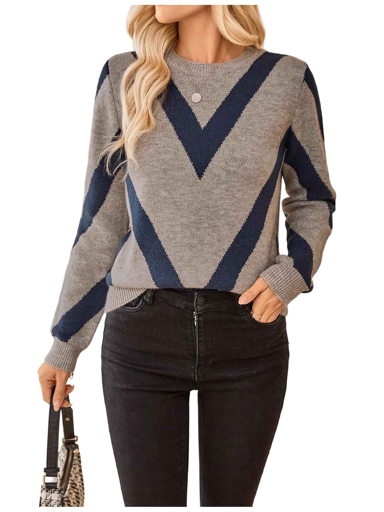 SweatyRocks Women's Retro Geometric Print Long Sleeve Knitted Crewneck Sweater Casual Pullover Top Adult · Long Sleeve