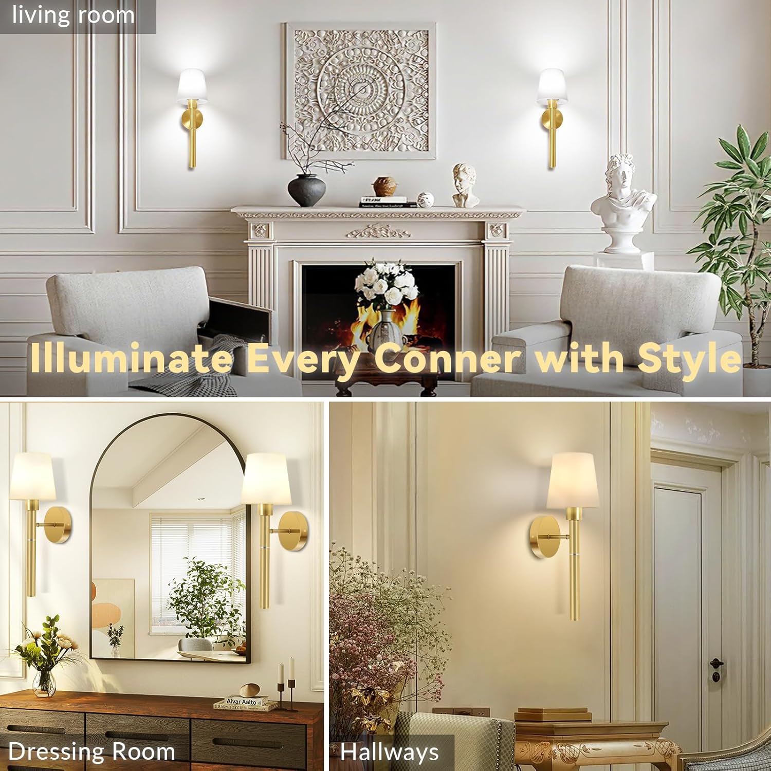 Battery Operated Wall Sconce, Wireless Wall Lamp Set of 2 RGB Dimmable Rechargeable Wall Lights with Bulbs and Remote, 12 Colors Gold Wall Sconces for Bedroom Nightstand Living Room Hallway