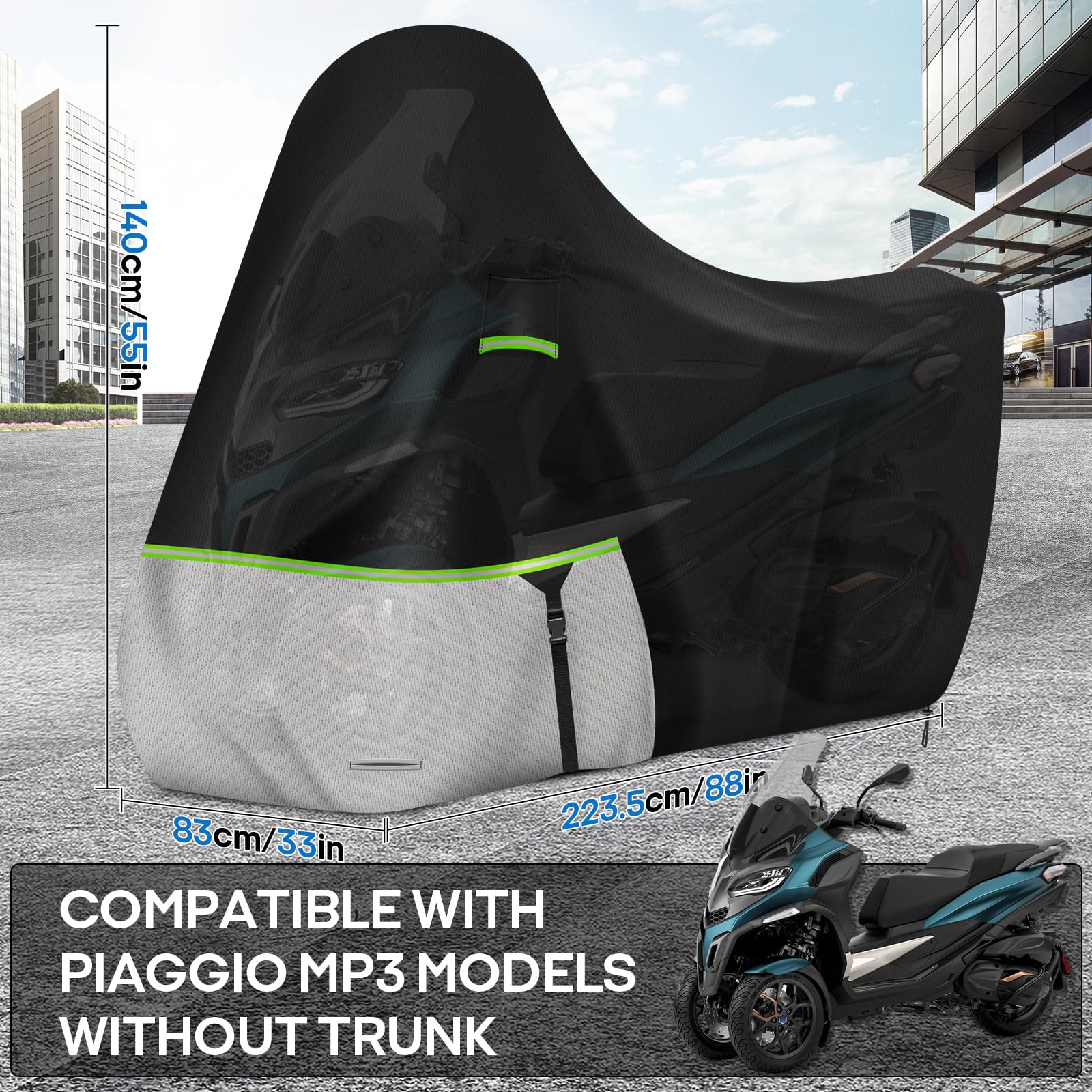 TELO COPRIMOTO PER PIAGGIO MP3 420D Oxford TELO COPRIMOTO IMPERMEABILE ESTERNO CON Fori di bloccaggio e striscia riflettente, per tutte le stagioni per Piaggio MP3 300/400/500/Soprt (senza