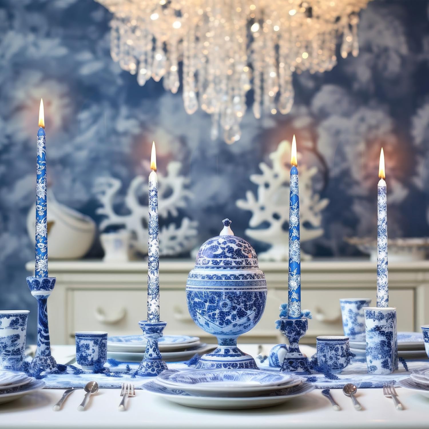 FYSUIMU 12Pcs Chinoiserie Floral Dripless Taper Candles Blue White Vintage Flower Candle Long Unscented Candle Sticks for Wedding Anniversary Party Dining Table Supplies