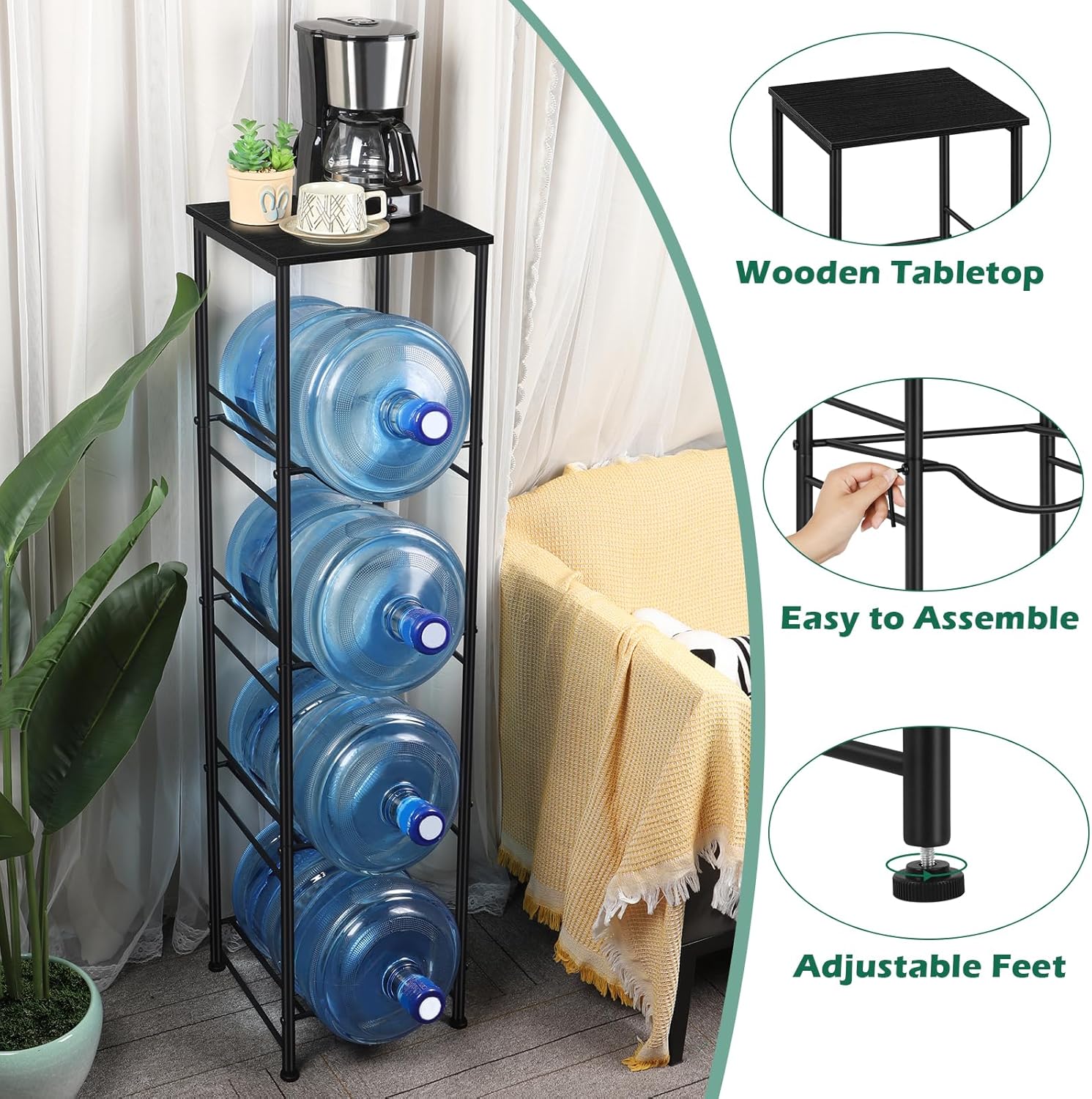 Vrisa Water Jug Holder 5 Gallon Water Jug Stand 4-Tier Water Gallon Holder Organizer with Storage Shelf 3/5 Gallon Water Jug Rack for Home Office Kitchen Black - Image 3