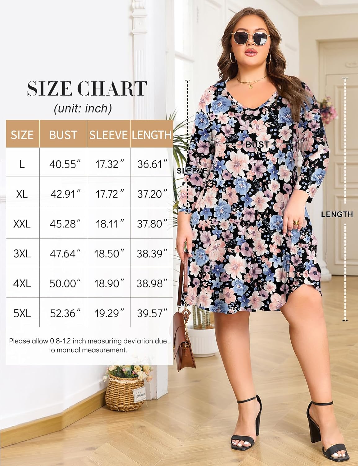 JollieLovin Women 3/4 Sleeve Plus Size Casual Fall Dresses 2025 V Neck T Shirt Long Tunic Dress - Image 7