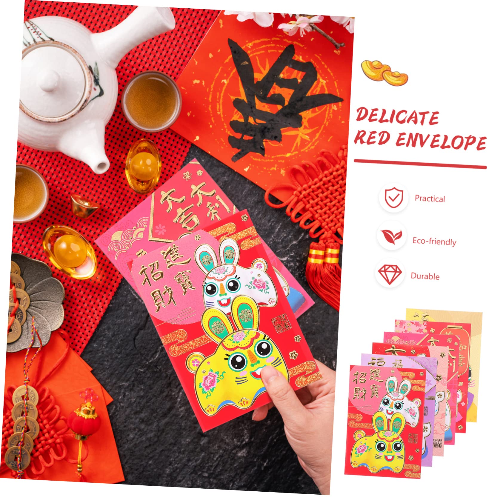 VILLCASE 240piezas Rojos Diseño De Conejo Año Envelopes Festival Para Celebraciones y