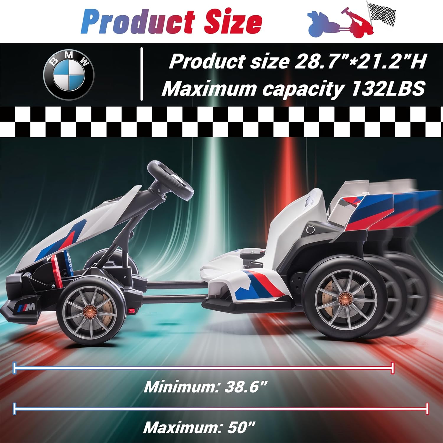 Diagram showing product size with minimum 38.6 inches and maximum 50 inches length, and maximum capacity 132 LBS.