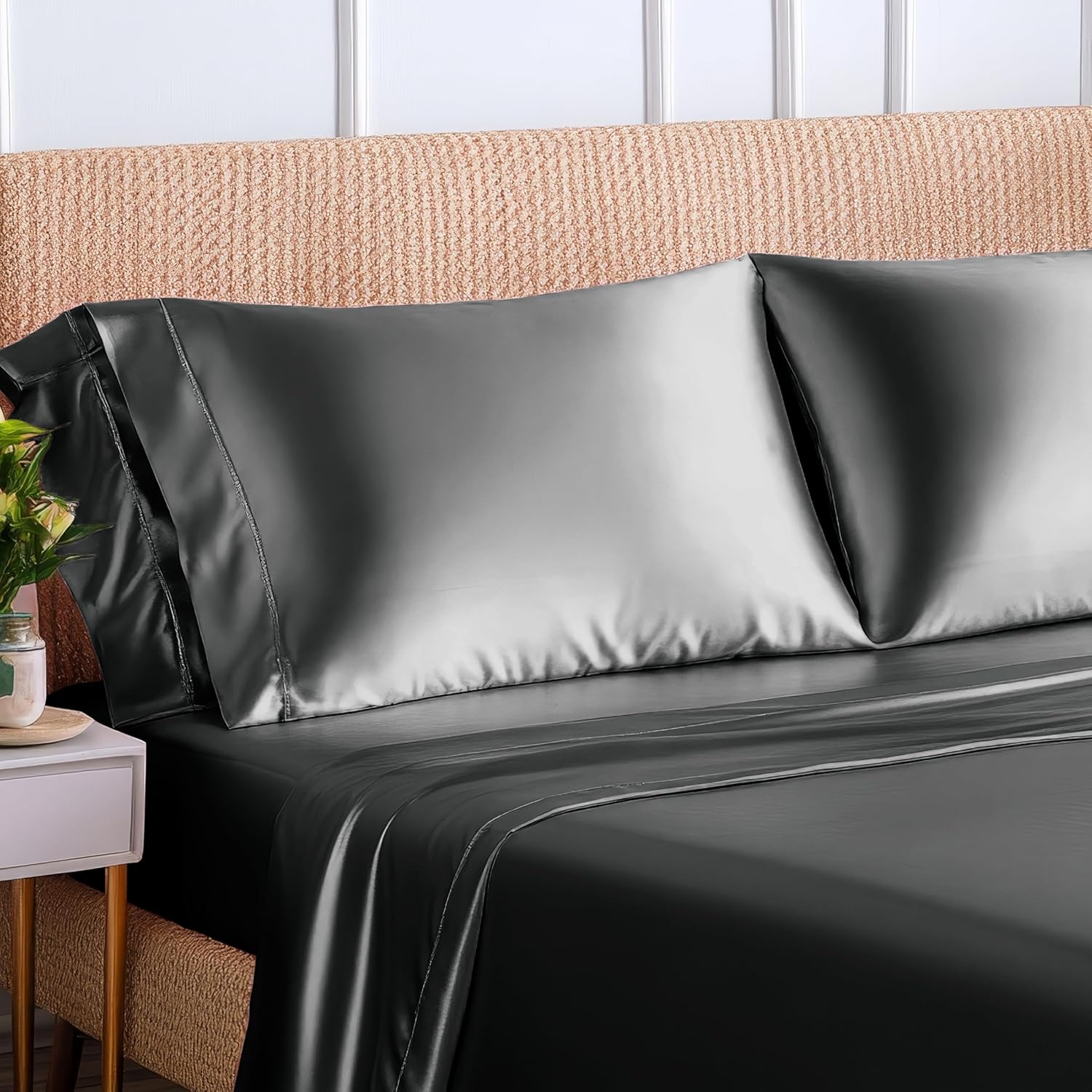 Mocassi Premium Satin 4-Piece Bed Sheet Set Ultra Smooth, Cooling, Gentle on Skin and Hair - Deep Pocket Fitted Sheet, Long-Lasting Wrinkle and Stain Resistant Fabric, California King, Gray