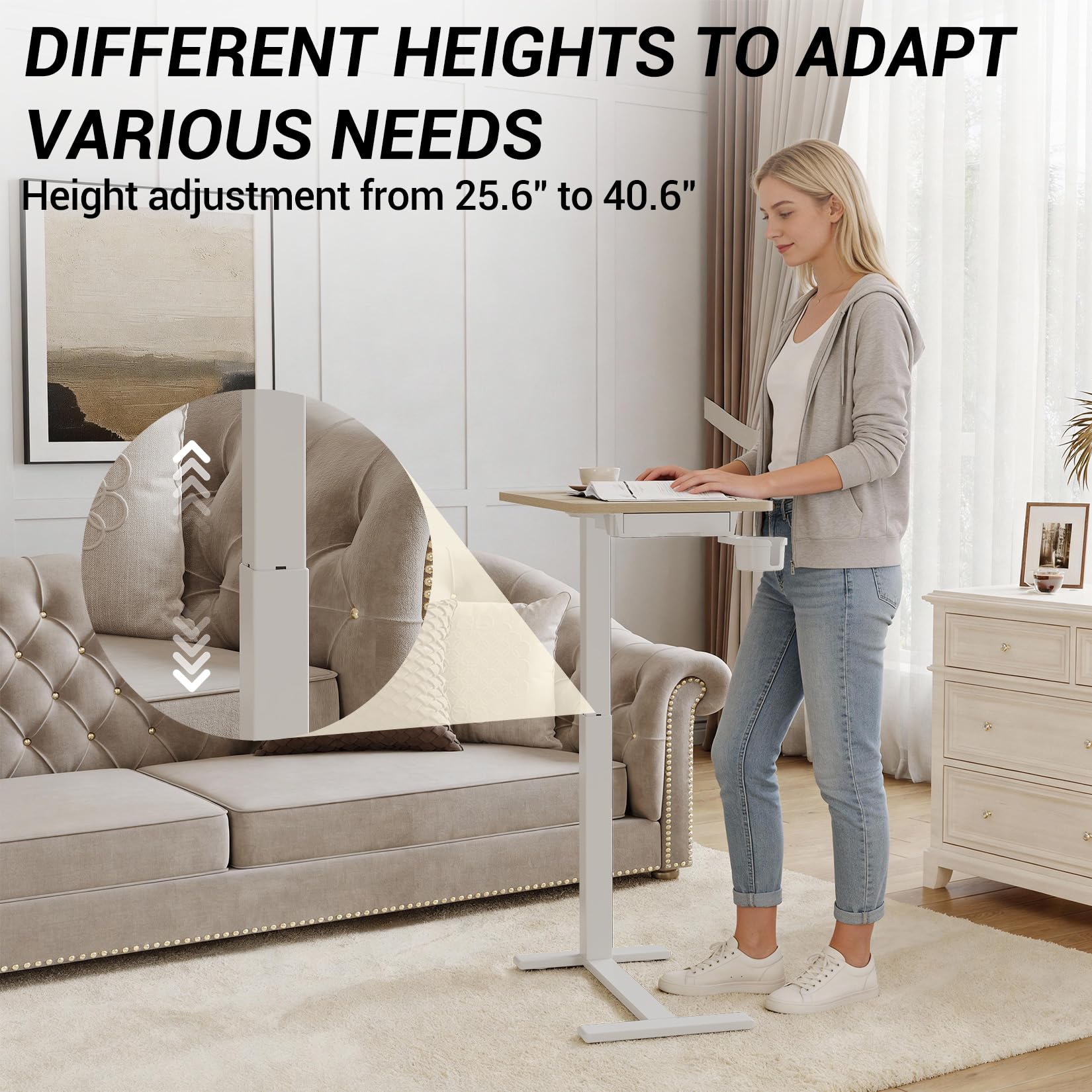 GarveeHome Tavolino Letto Regolabile Ruote Altezza Tramite Sistema Pneumatico, Vassoio TV Pieghevole, Robusto Telaio in Acciaio e Piano Legno, Mobile Per Letto, Divano, Casa o Ufficio
