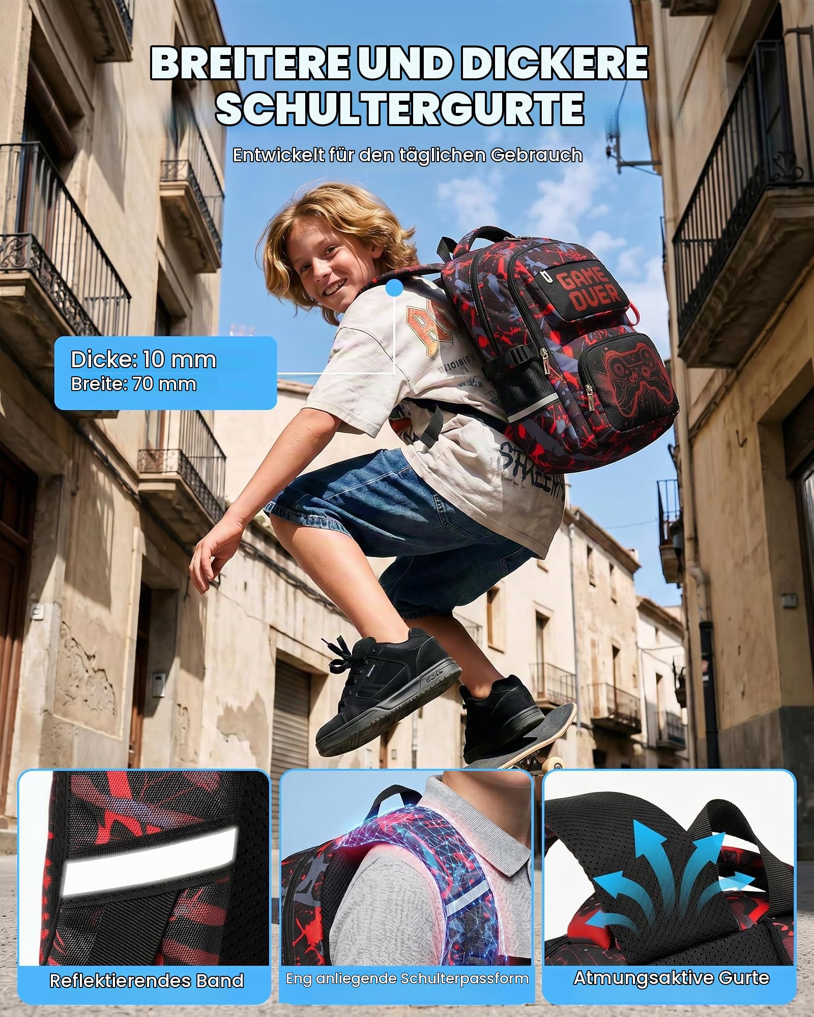 Amythe Trolley-Rucksack Jungen Kinder 8-12 Jahre mit 6 Räder, Blau | Nachtleuchtend Wasserdicht Reflektierend Leicht Blau Daypack Multitasche Geräumig Robust für Schule Reisen Wandern Freizeit