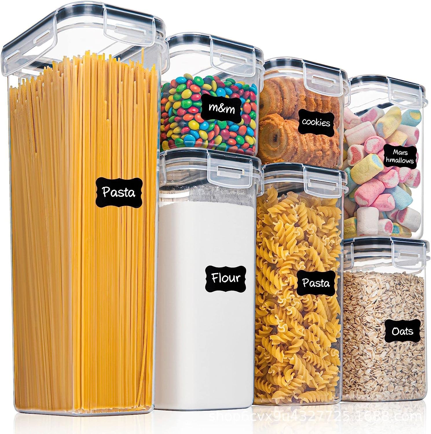 Bstmome White With Black Lids Airtight Storage Container, Cereal & Dry Food Storage Containers Ideal Kitchen Storage Bin For Cereal, Flour, Sugar, Nuts, Pasta - Set Of 7