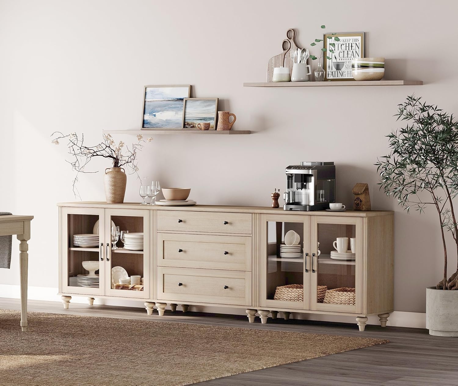 WAMPAT 3-in-1 Sideboard Buffet Cabinet with Storage, Kitchen Pantry Storage Cabinet with Glass Door & Drawer, Console Table Entertainment Center for Living Room Dining Room, Light Oak(3PCS)