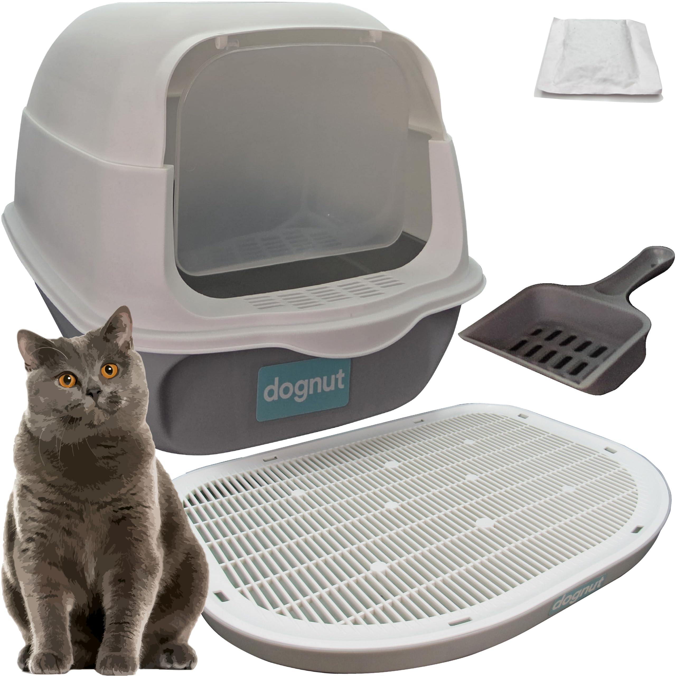 dognut Kit Arenero para Gato con Pala, Grande, Cerrado, con Tapa y Puerta Abatible, Gris y Blanco (Arenero Techado + Atrapa)