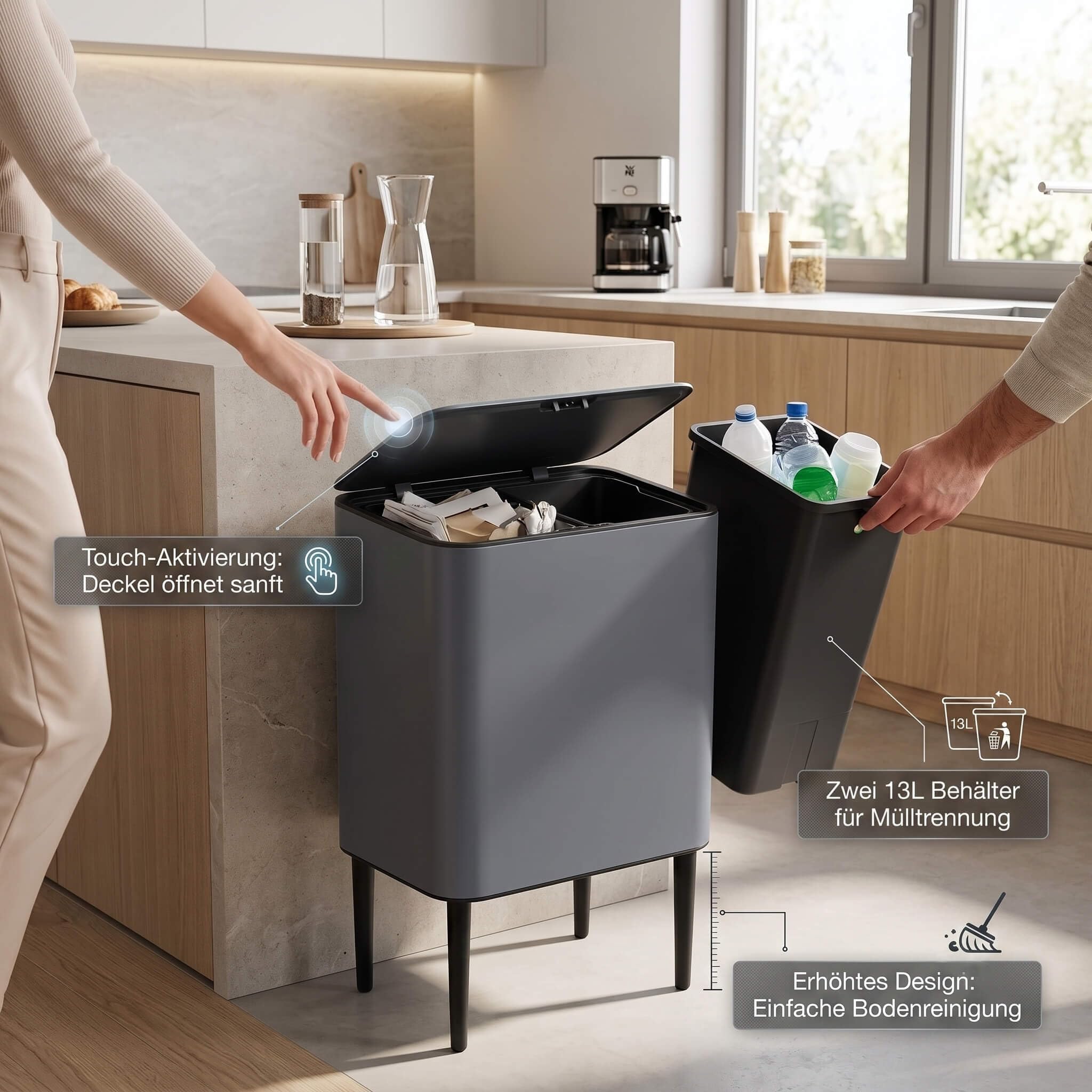 Vip Ahmet Nova Mülleimer Küche 2 Fächer. Touch-Abfalleimer mit Deckel. Küchenabfalleimer für Abfall & Recycling. Doppel Mülleimer (Matt Grau. 26L)