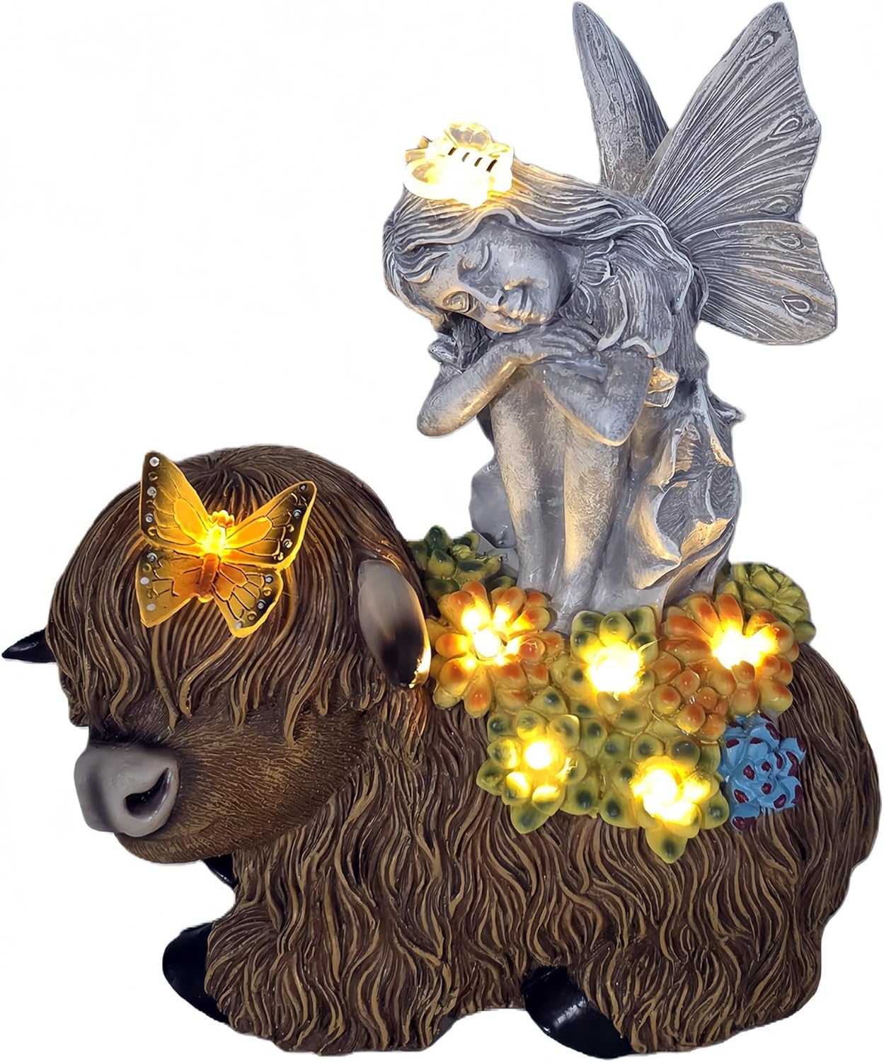 Solar Angel Sitting on Highland Cow Angel Garden Decor Statue Butterfly Bee Succulent LED Lights Housewarming Gift for Mom Women Outdoor Decorations for Yard Patio