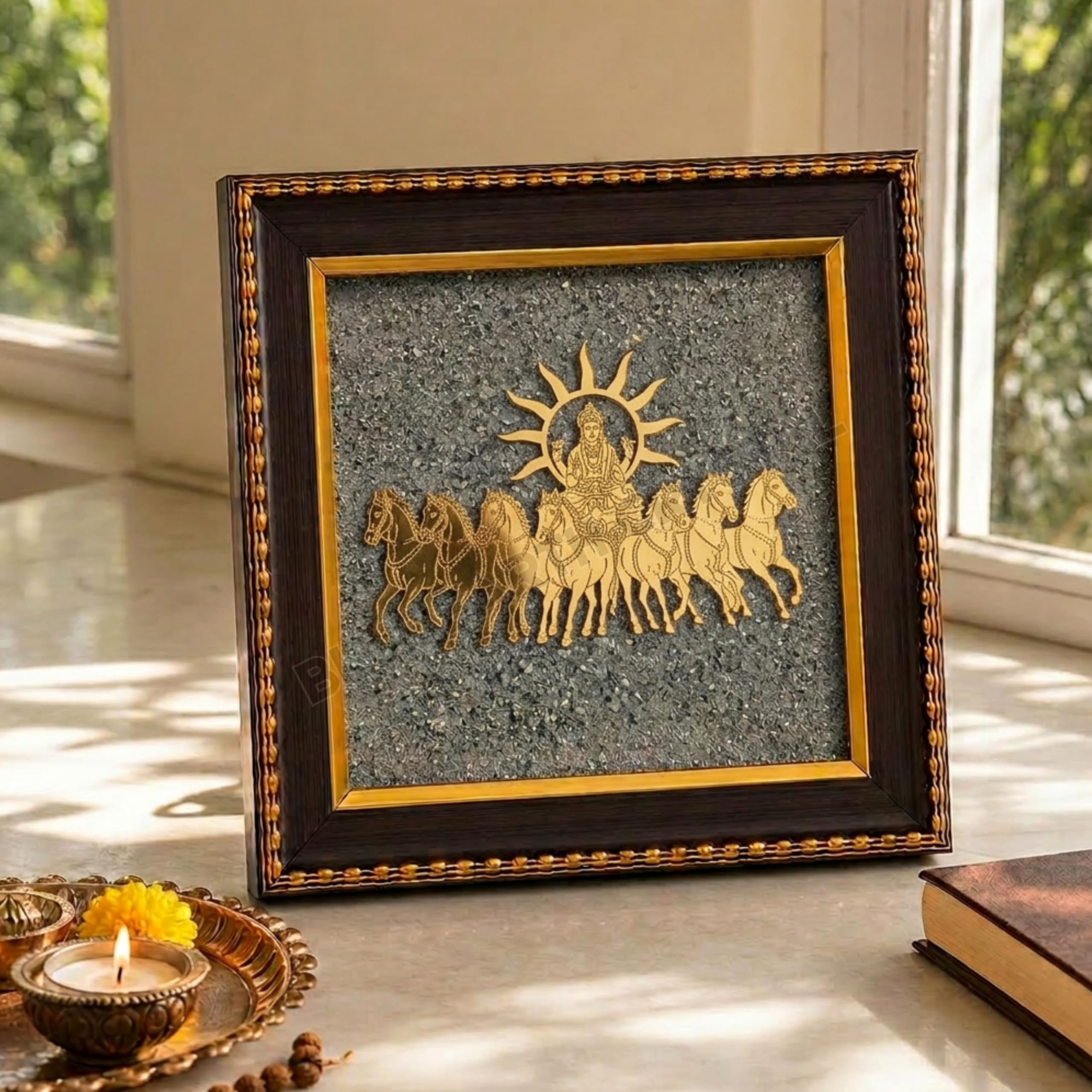Surya Dev 7 Running Horses with Sun & Pyrite Stone Wooden Wall
