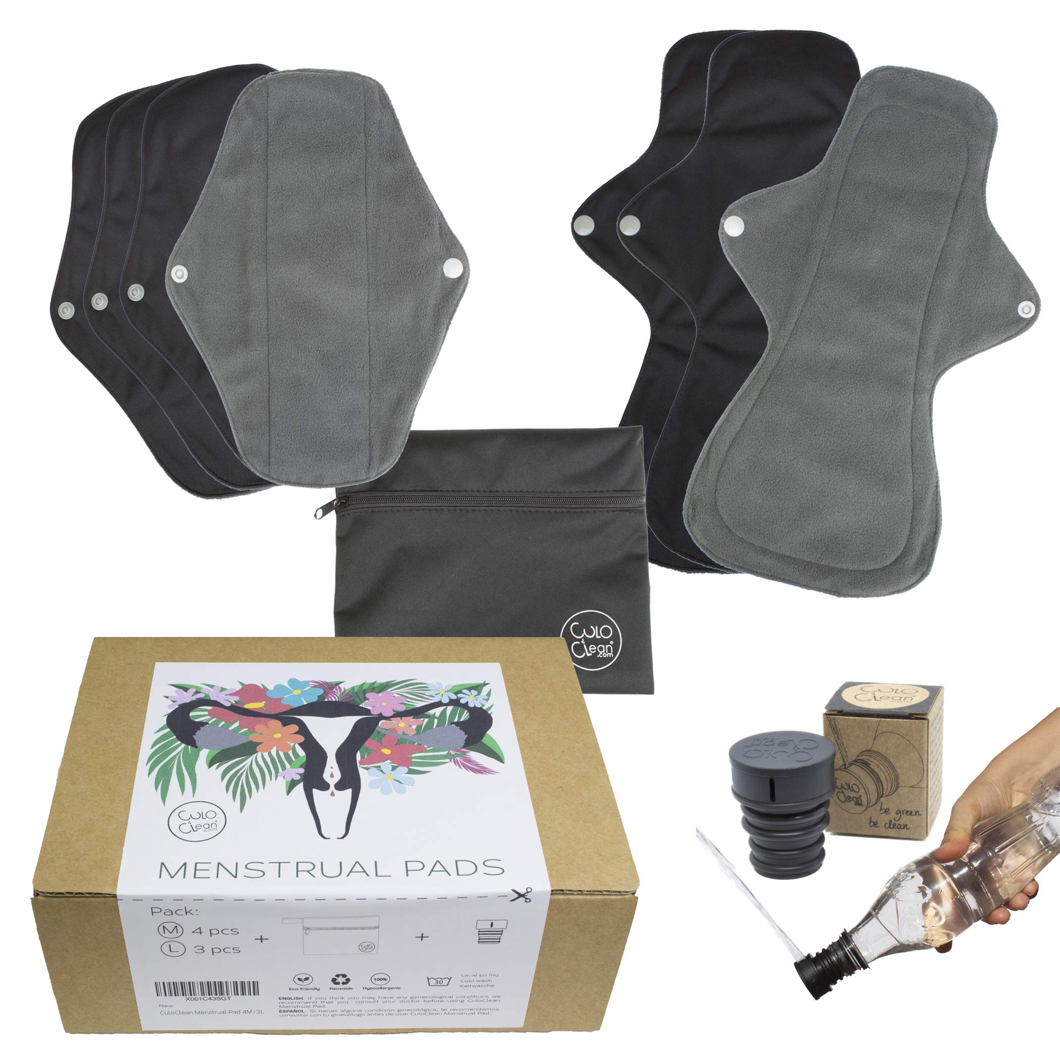 CuloClean Reusable Sanitary Pads 7pcs (4 Medium + 3 Large). Medium-Heavy Flow. Bamboo Charcoal Menstrual Towels for Women. Includes Wet Bag and Portable Bidet.