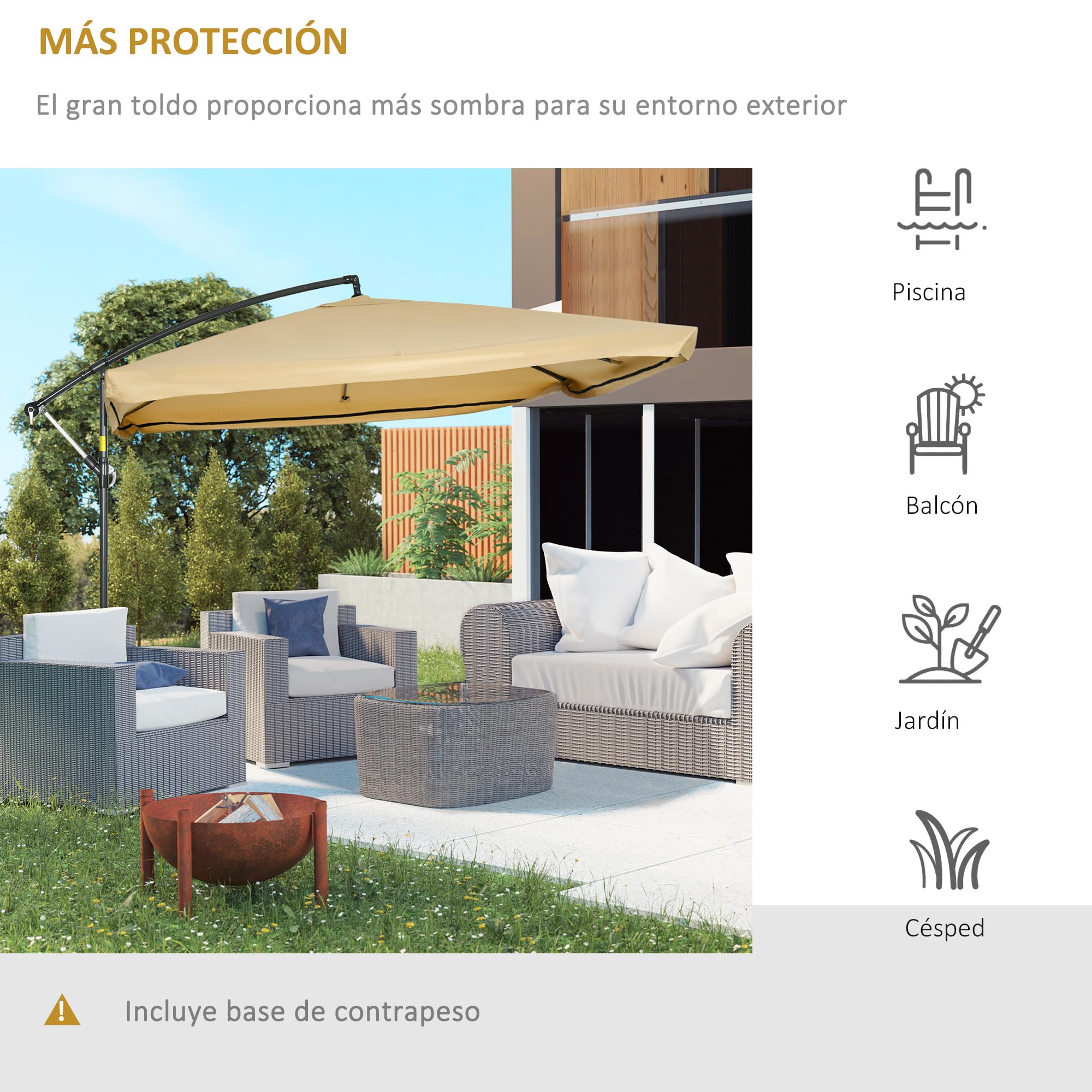 Outsunny Parasol Excéntrico Ø 295 cm con Mosquiteras y Manivela Beige | Sombrilla de Jardín, Ángulo Ajustable, Base Cruzada, para Terraza Patio Exterior