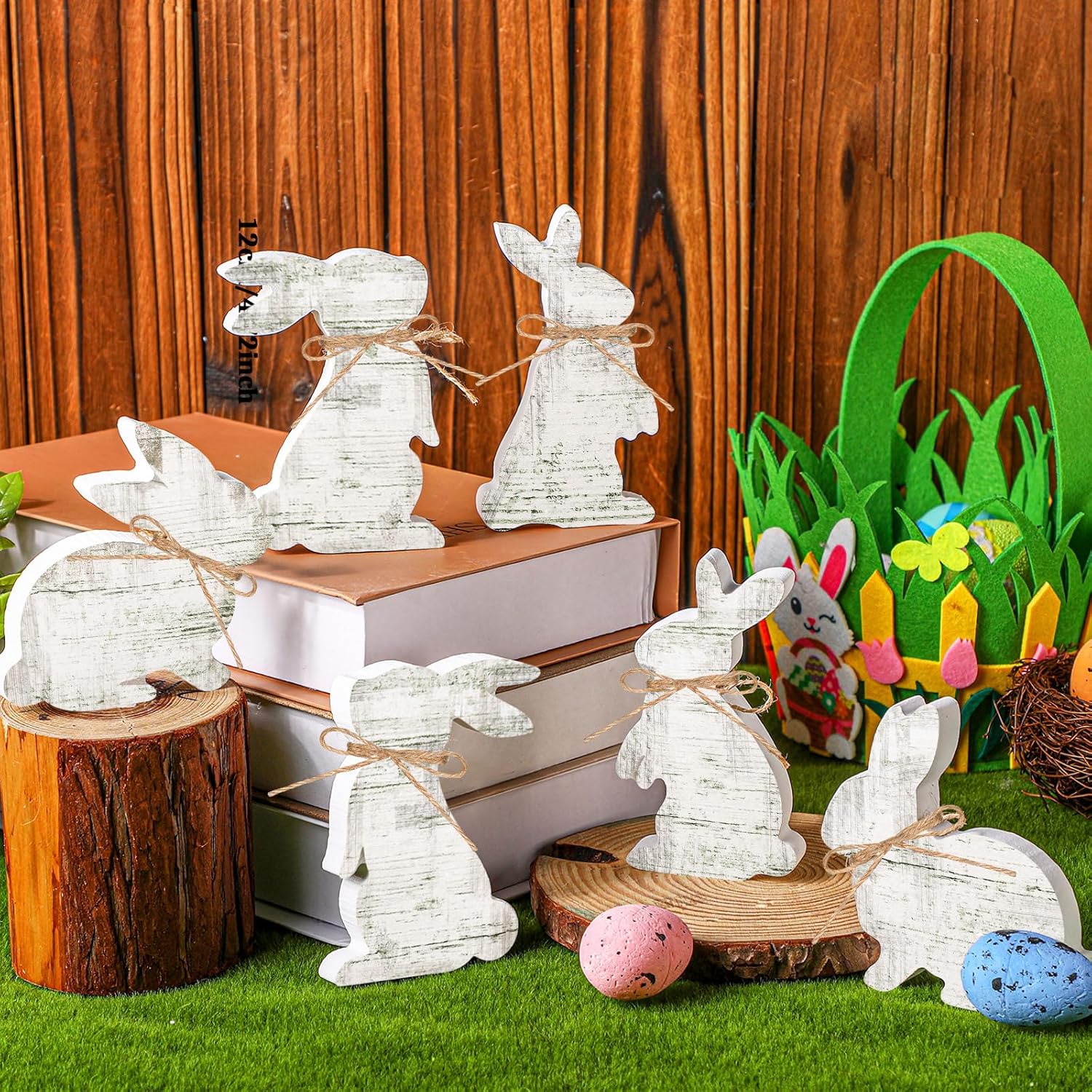 Bememo 6 Pcs Easter Table Decorations Bunny Wooden Signs Tabletop Centerpiece Easter Tiered Tray Decor Farmhouse Rabbit Decorations for Home Kitchen Office Rustic Party Gifts(Classic) - Image 2